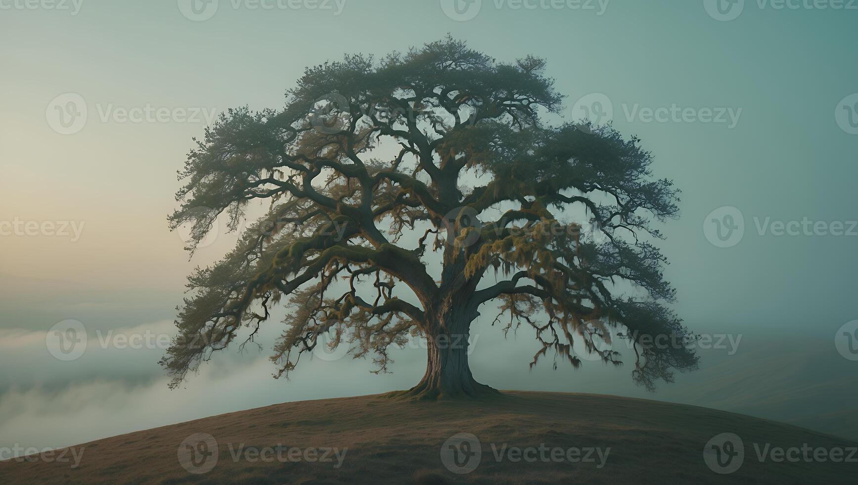 Majestic Tree Silhouette on Hilltop Surrounded by Foggy, Misty Landscape photo