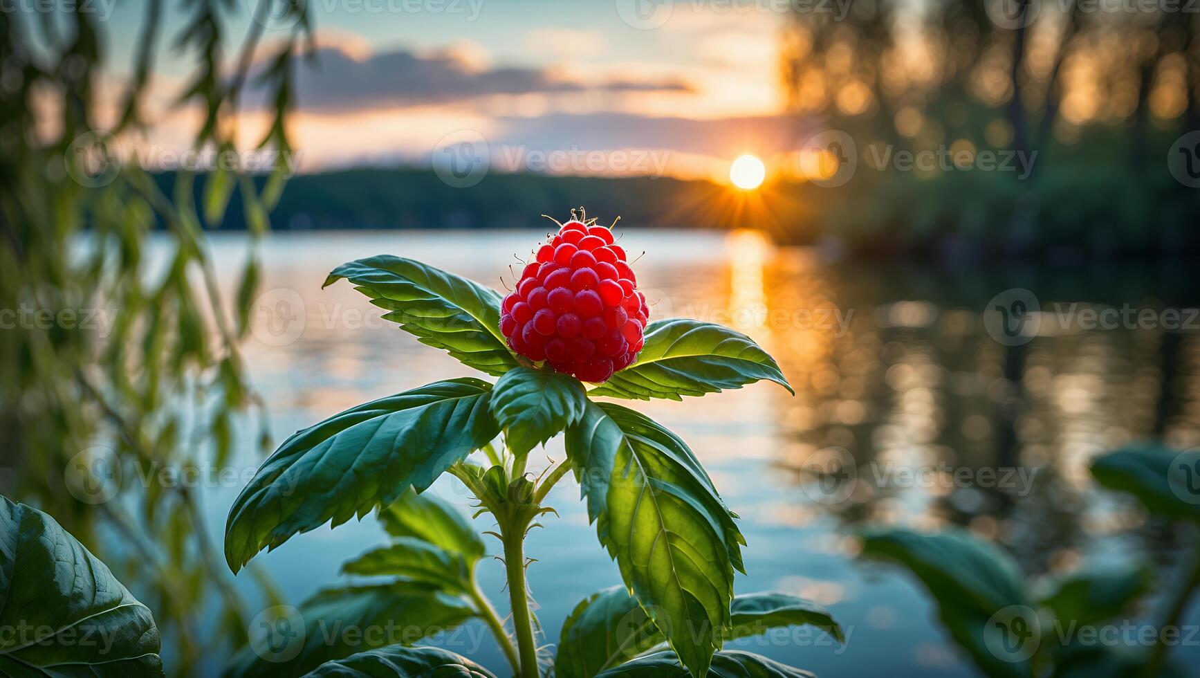 Red Berry Growing by a Lake During Colorful Sunset Landscape photo