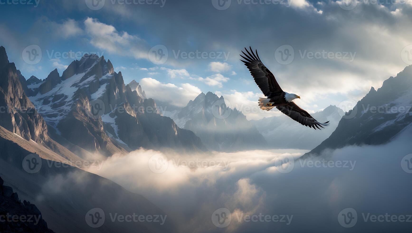 Bald Eagle Flying Over Mountain Range with Low Lying Clouds photo
