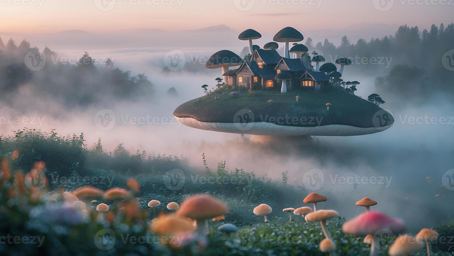 Fantasy Mushroom House Flying Island Above Field with Foggy Forest photo