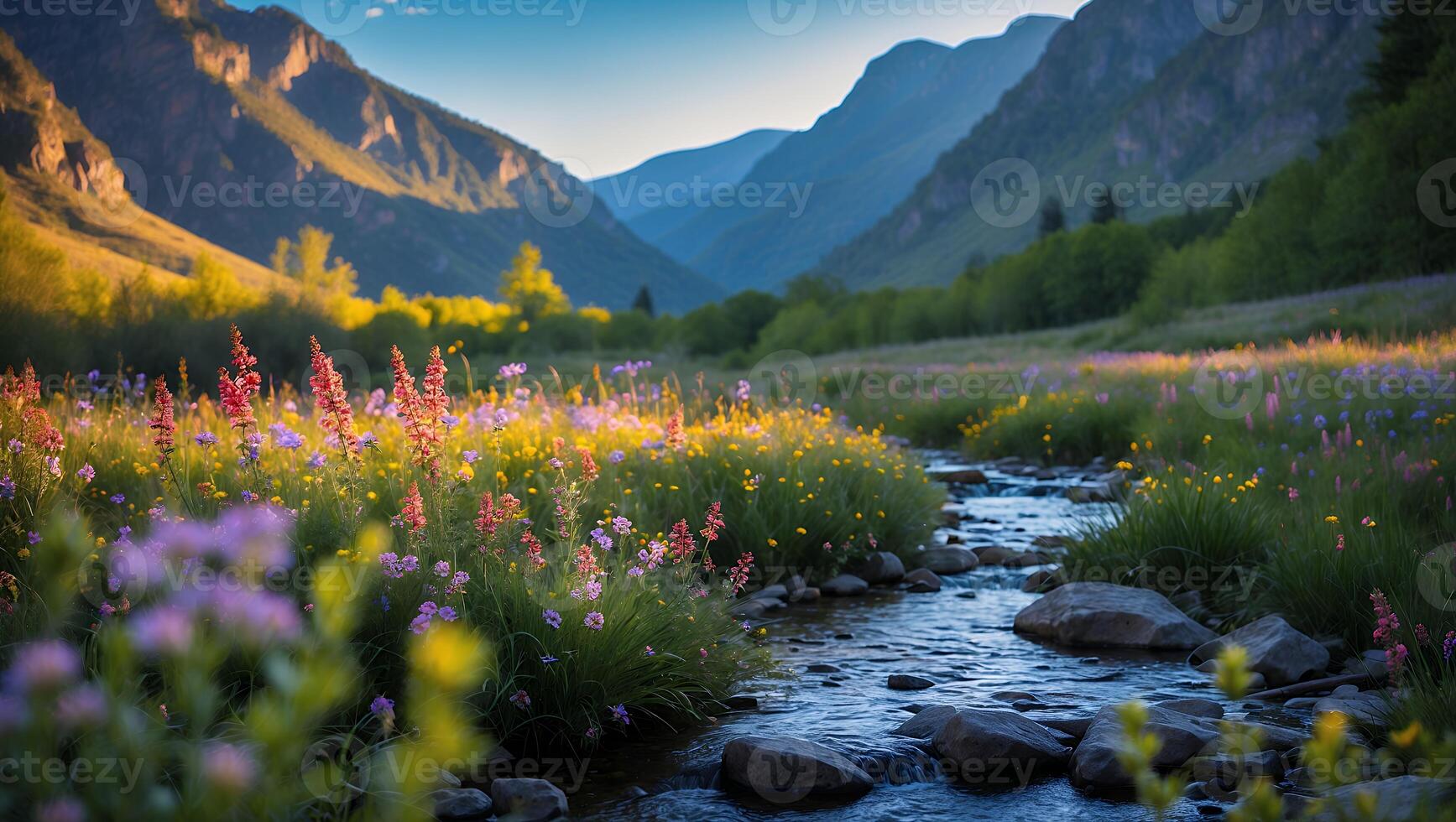 Flowing Stream Through Mountain Meadow with Wildflowers and Grassy Banks photo