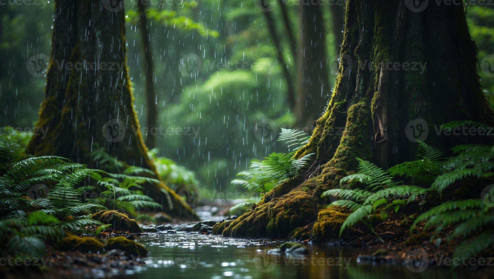 Rain Falling in Forest with Small Stream and Lush Green Ferns photo