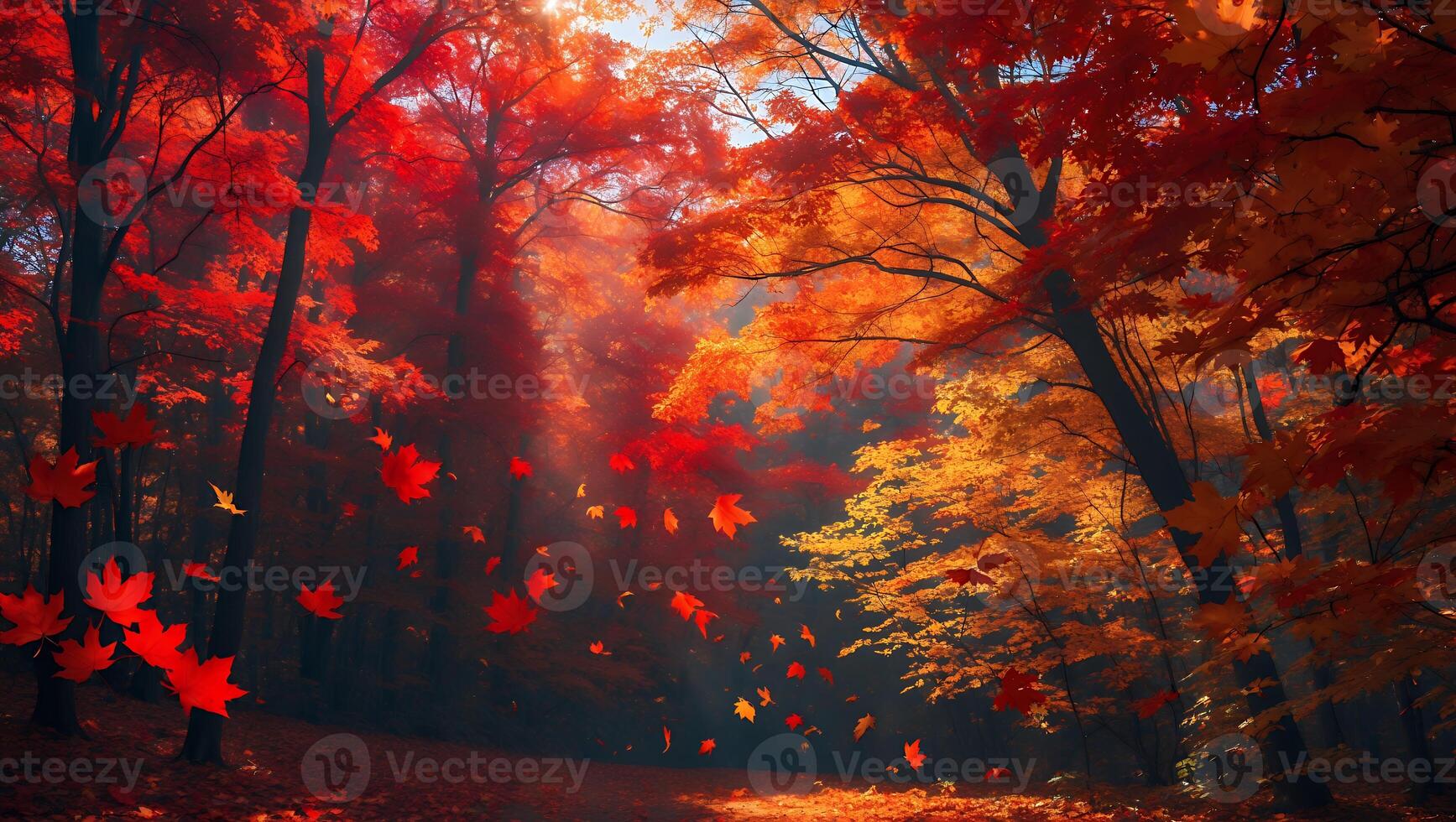 Autumn Forest with Falling Leaves and Sun Rays Filter Through Trees photo