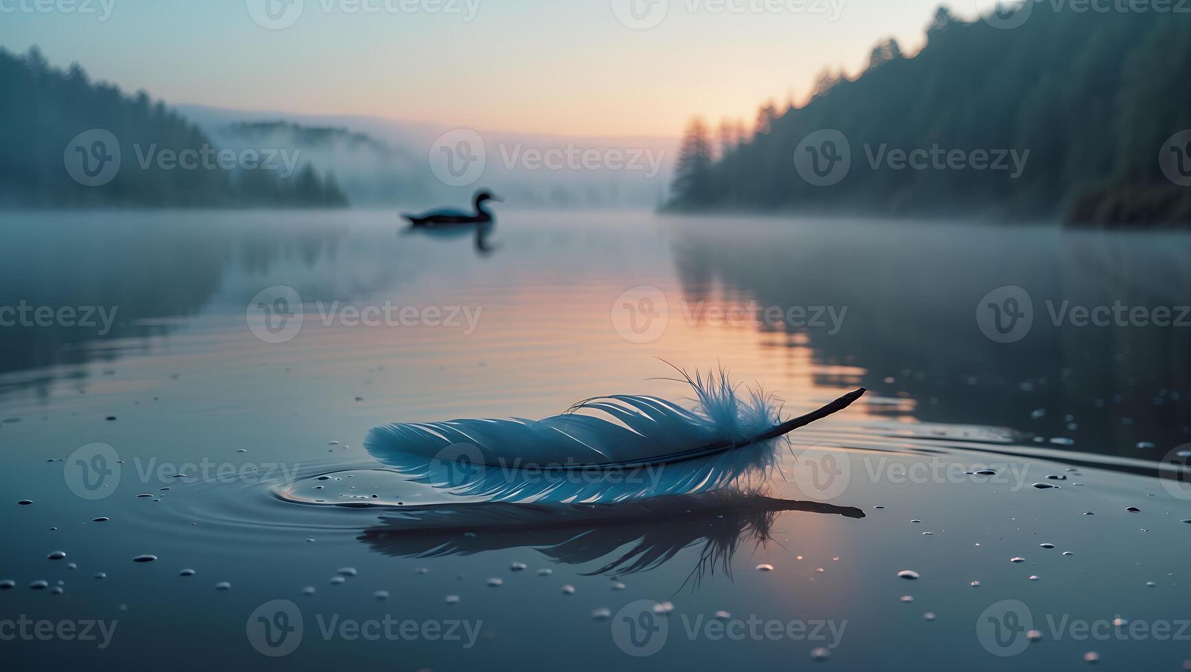 Feather Floating on Calm Lake Reflecting Distant Foggy Forest photo