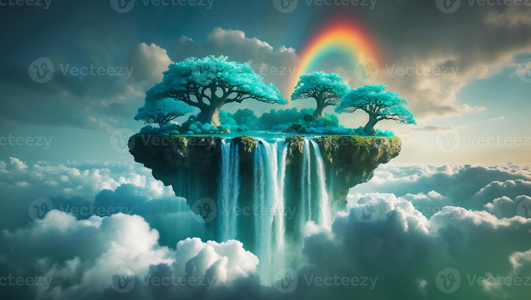 Floating Island with Waterfall Rainbow and Lush Trees in Cloudy Sky photo