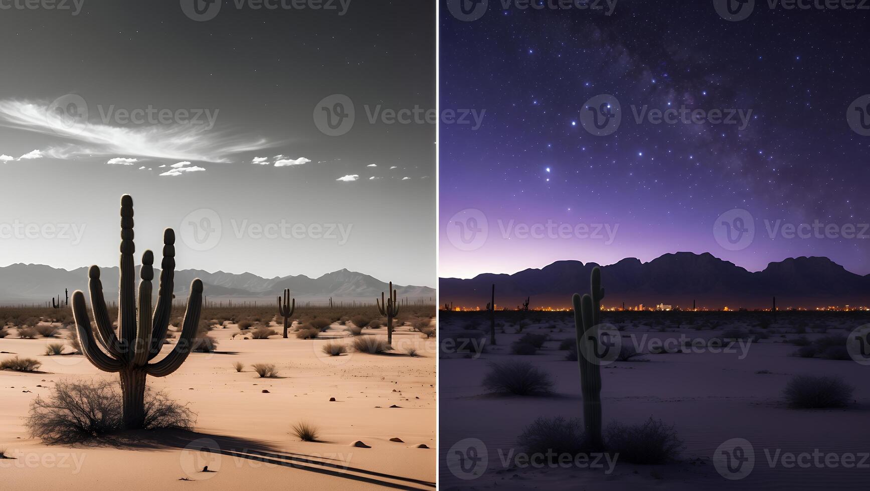 Desert Cactus Landscape Day and Night with Mountains and Stars photo