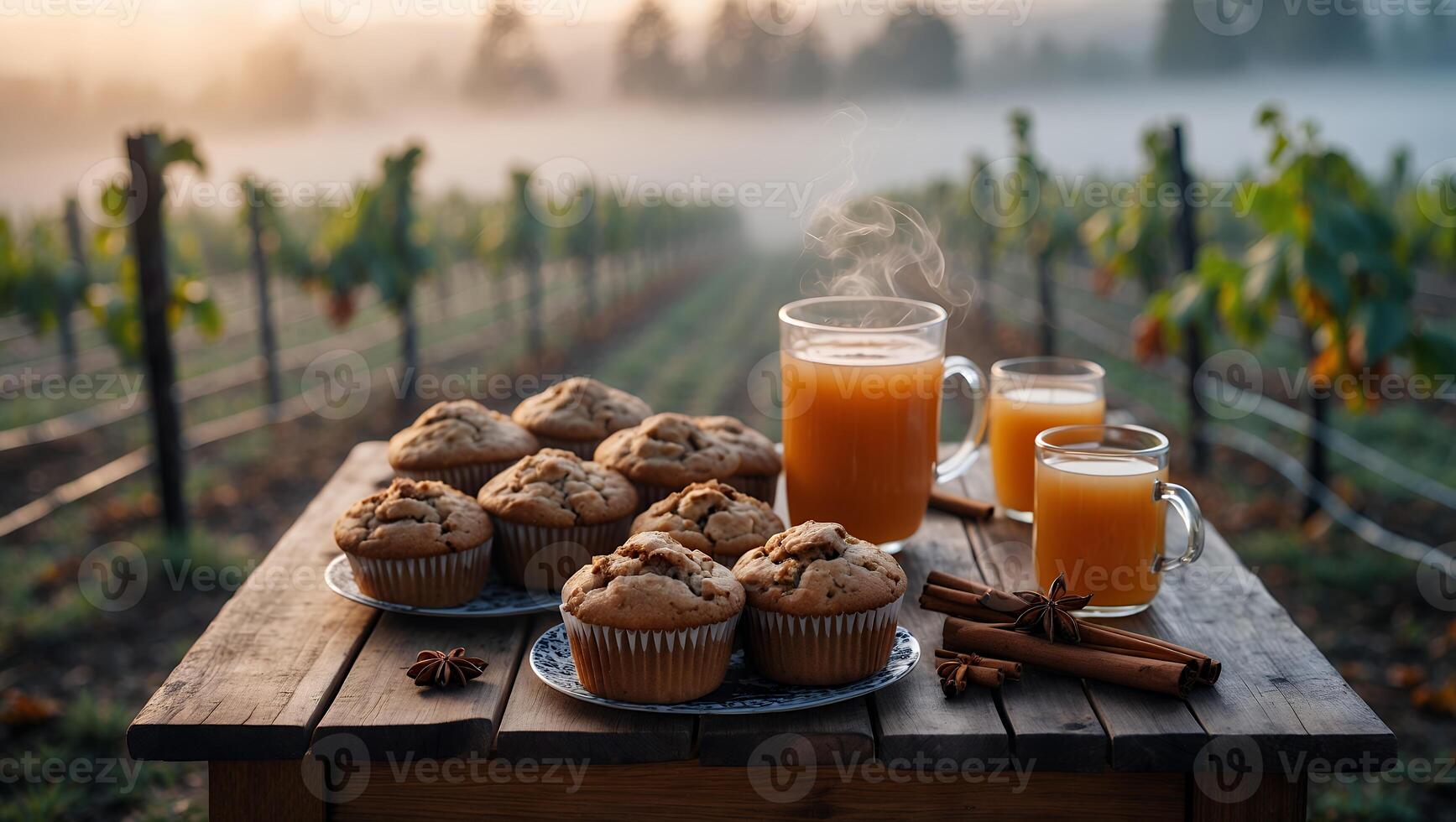 Enjoying Muffins and Juice on a Table at Vineyard in Autumn photo