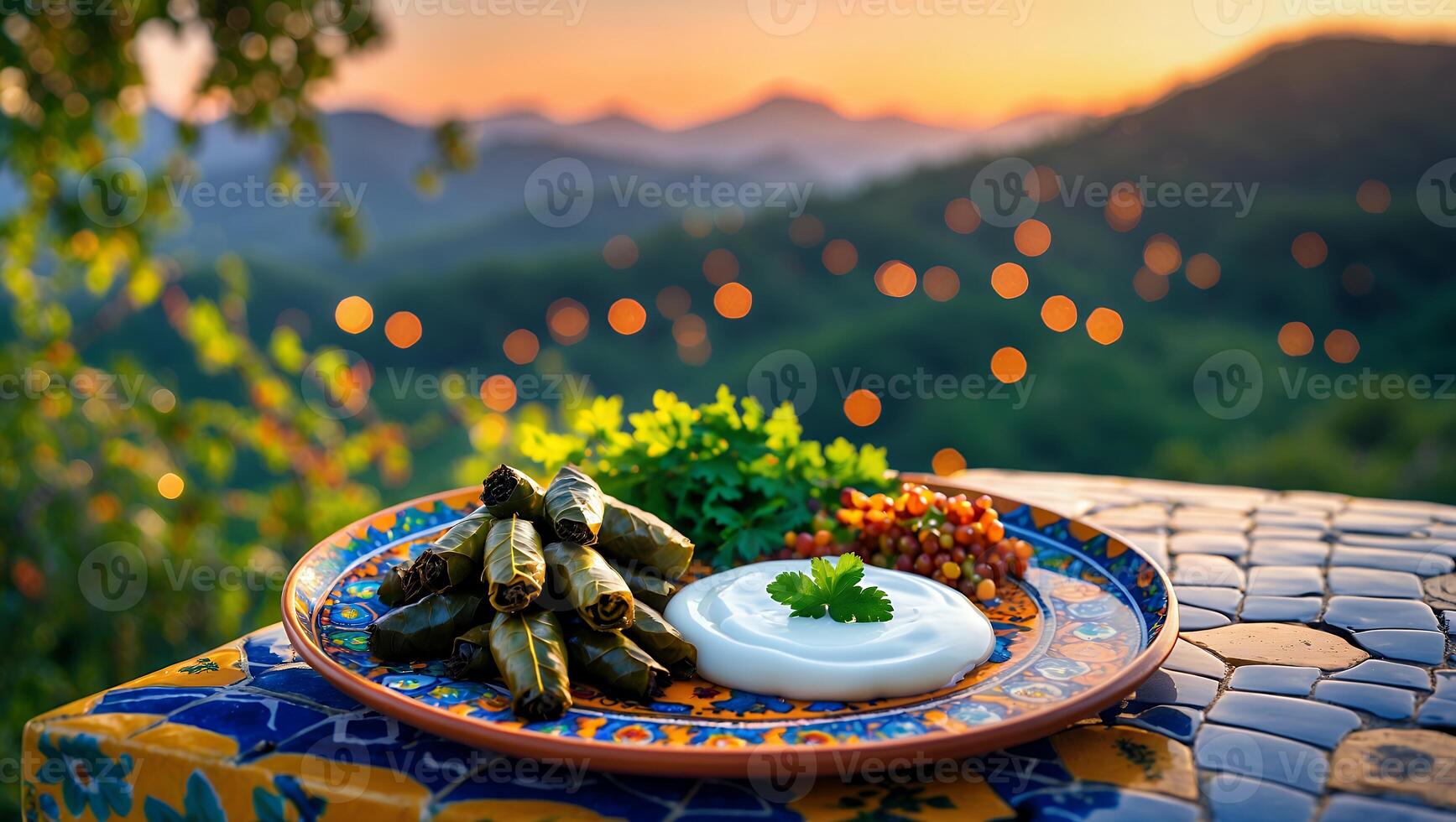 Serving Dolma with Yogurt on a Decorative Plate with Mountain View photo
