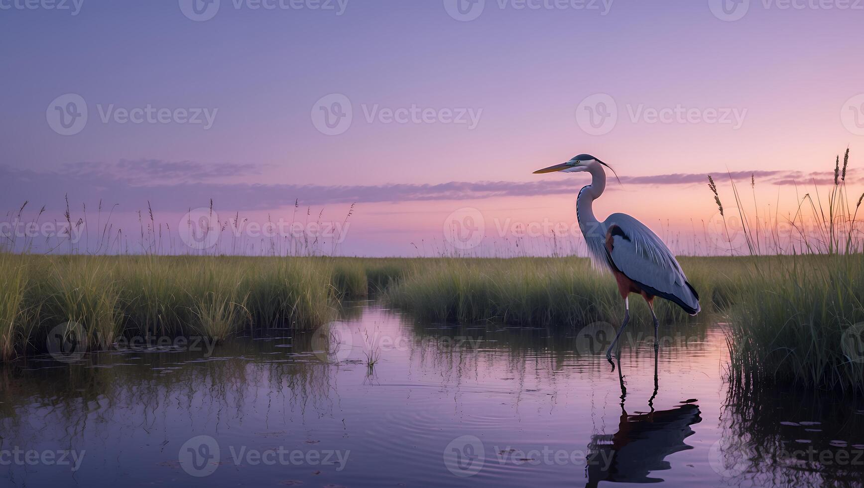 Heron Wading in Water at Sunset with Grassy Marsh View photo