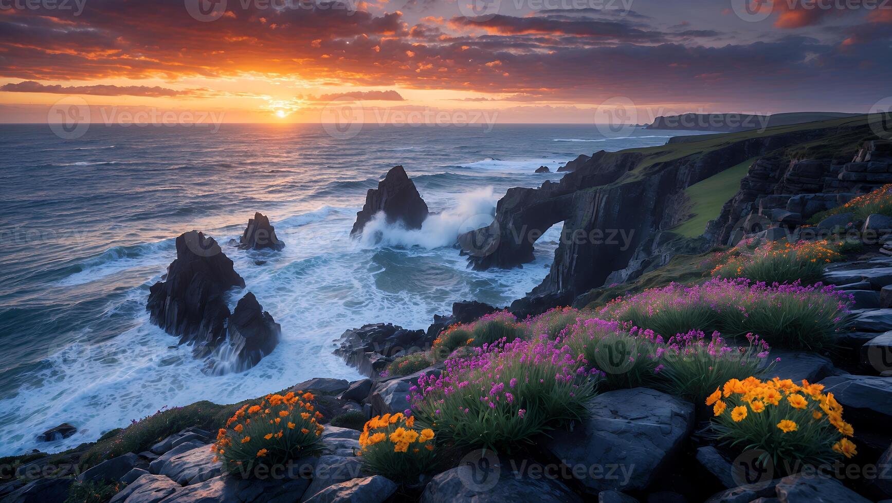 Coastal Landscape at Sunset with Ocean Waves and Wildflowers photo