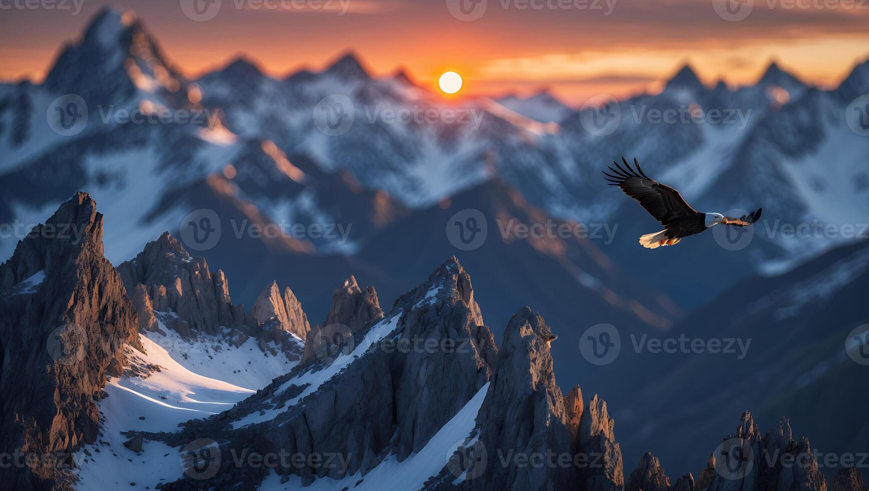 Eagle Flying Over Mountain Range at Sunset with Snowy Peaks photo