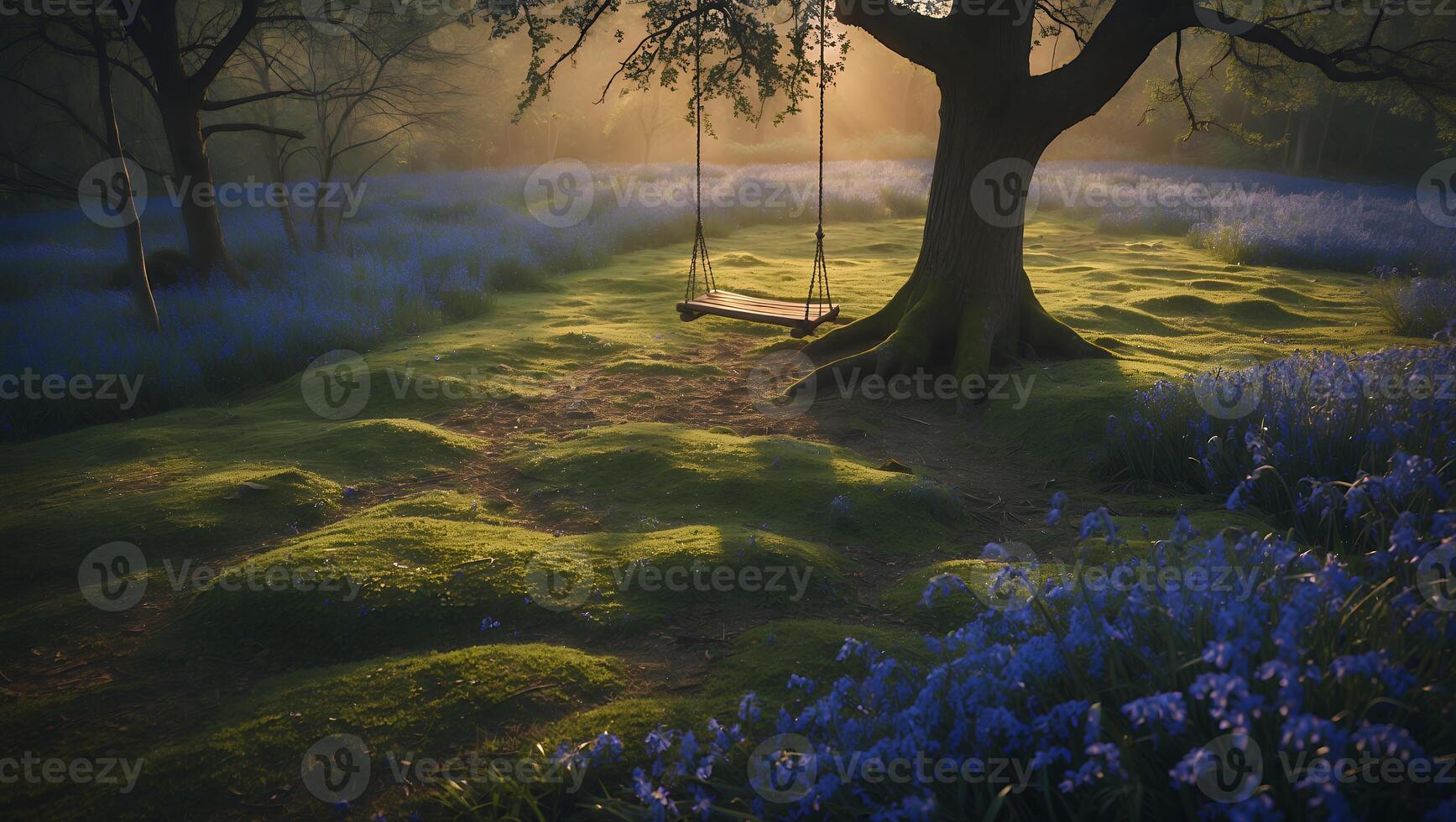 Tree Swing in Lush Meadow with Early Morning Light and Flowers photo