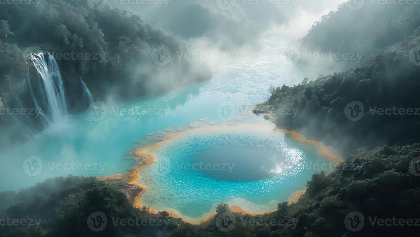 Waterfall Flowing Into Colorful Lake Surrounded by Forest and Mist photo