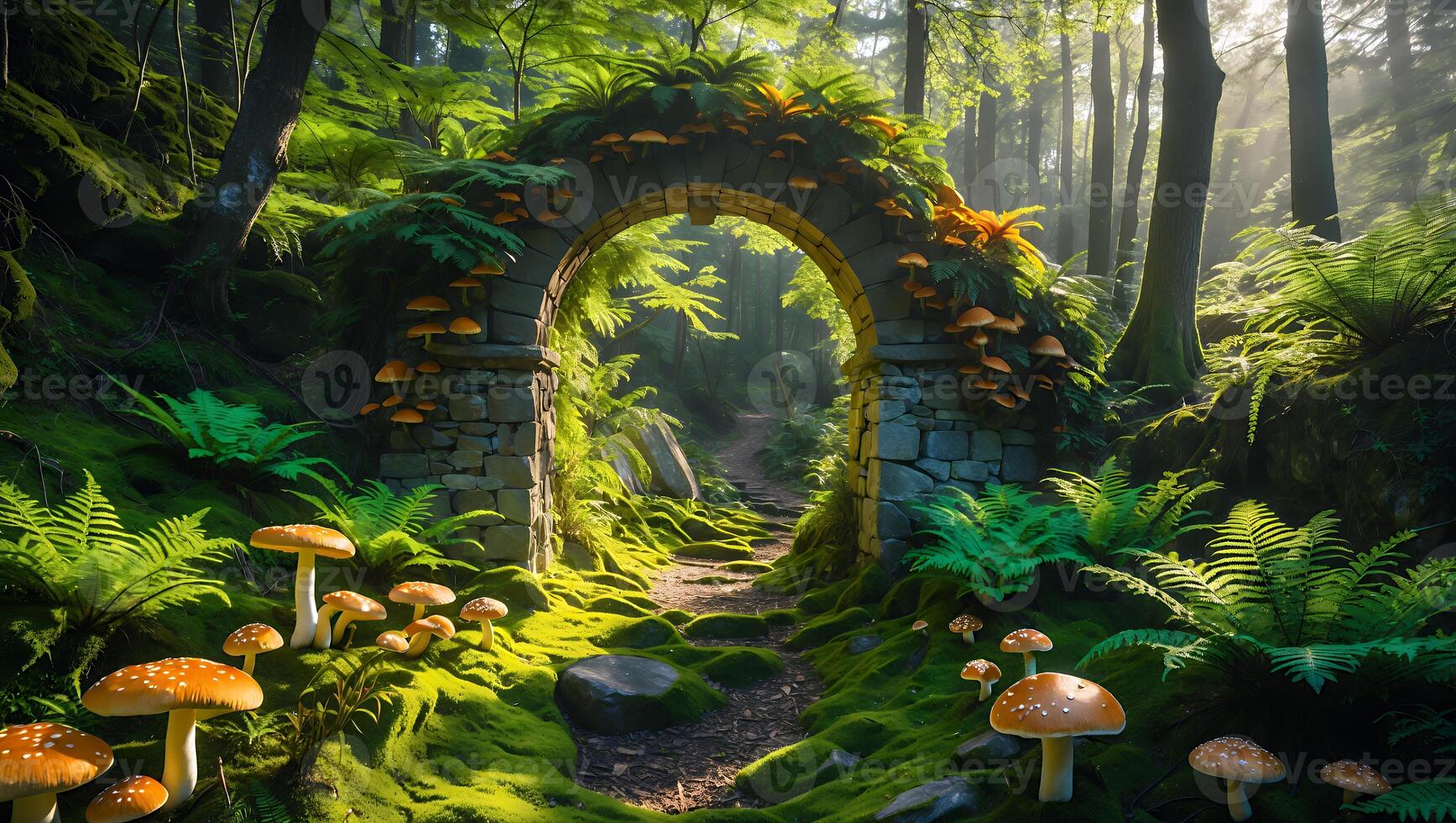 Walking the Forest Path Through Stone Archway with Wild Mushrooms photo