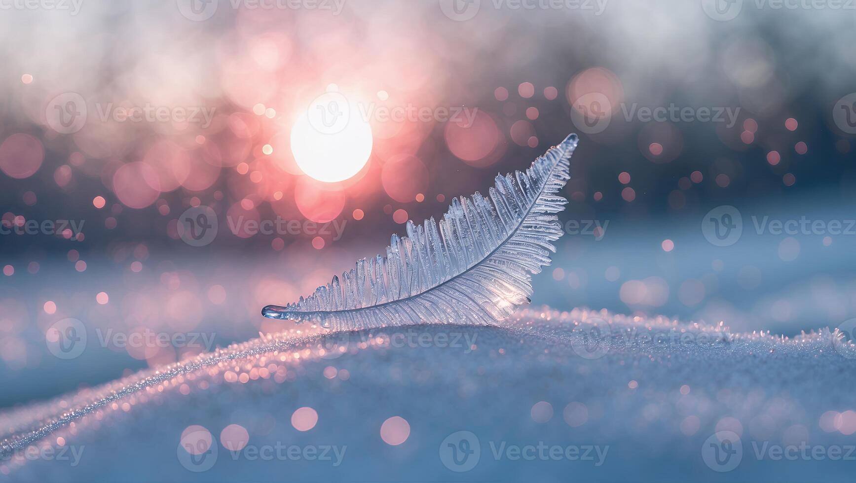 Icy Feather Resting on Snow with Sun and Bokeh Background photo