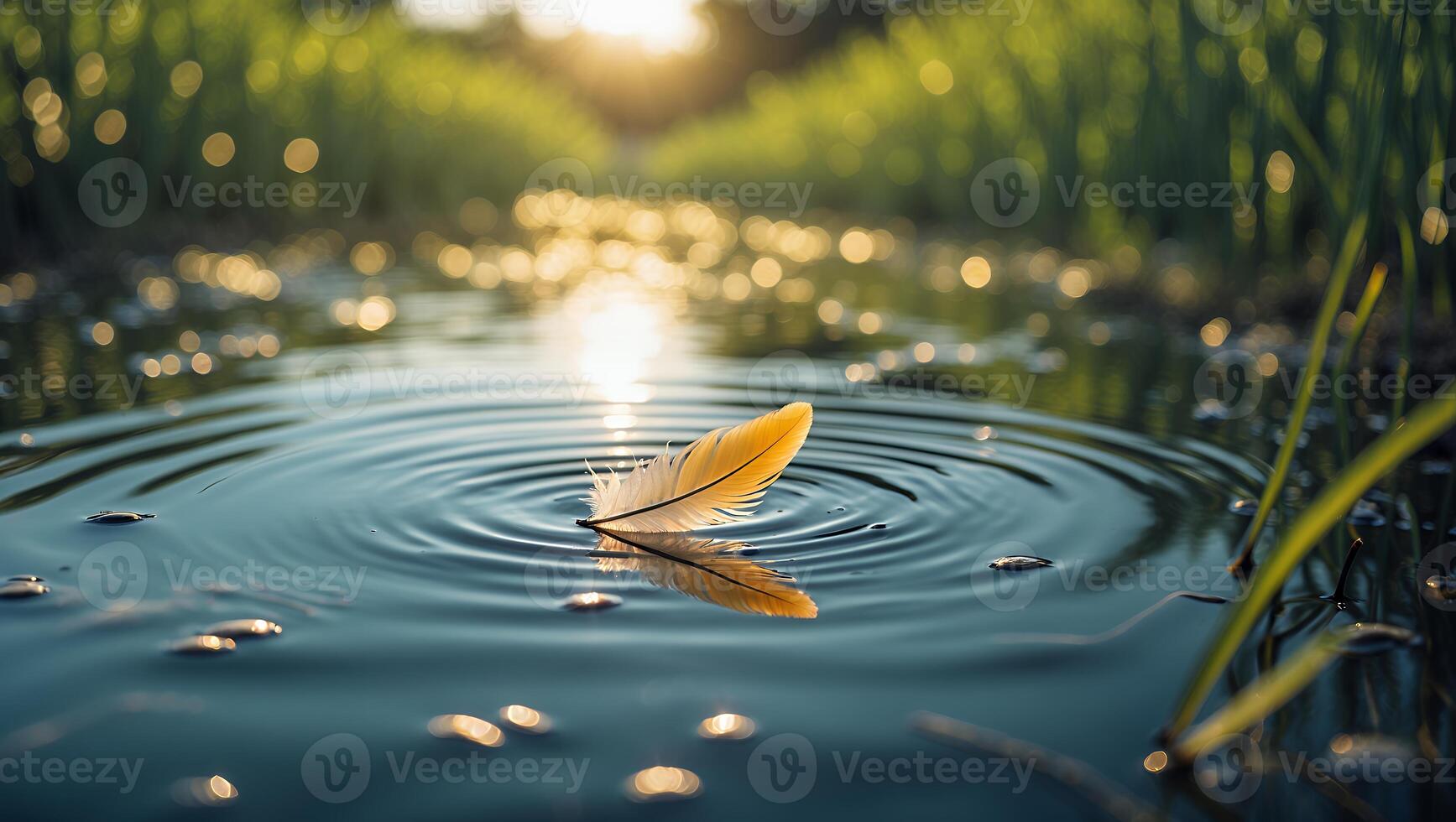 Floating Feather Creating Ripples in Still Water Reflecting Sunlight photo