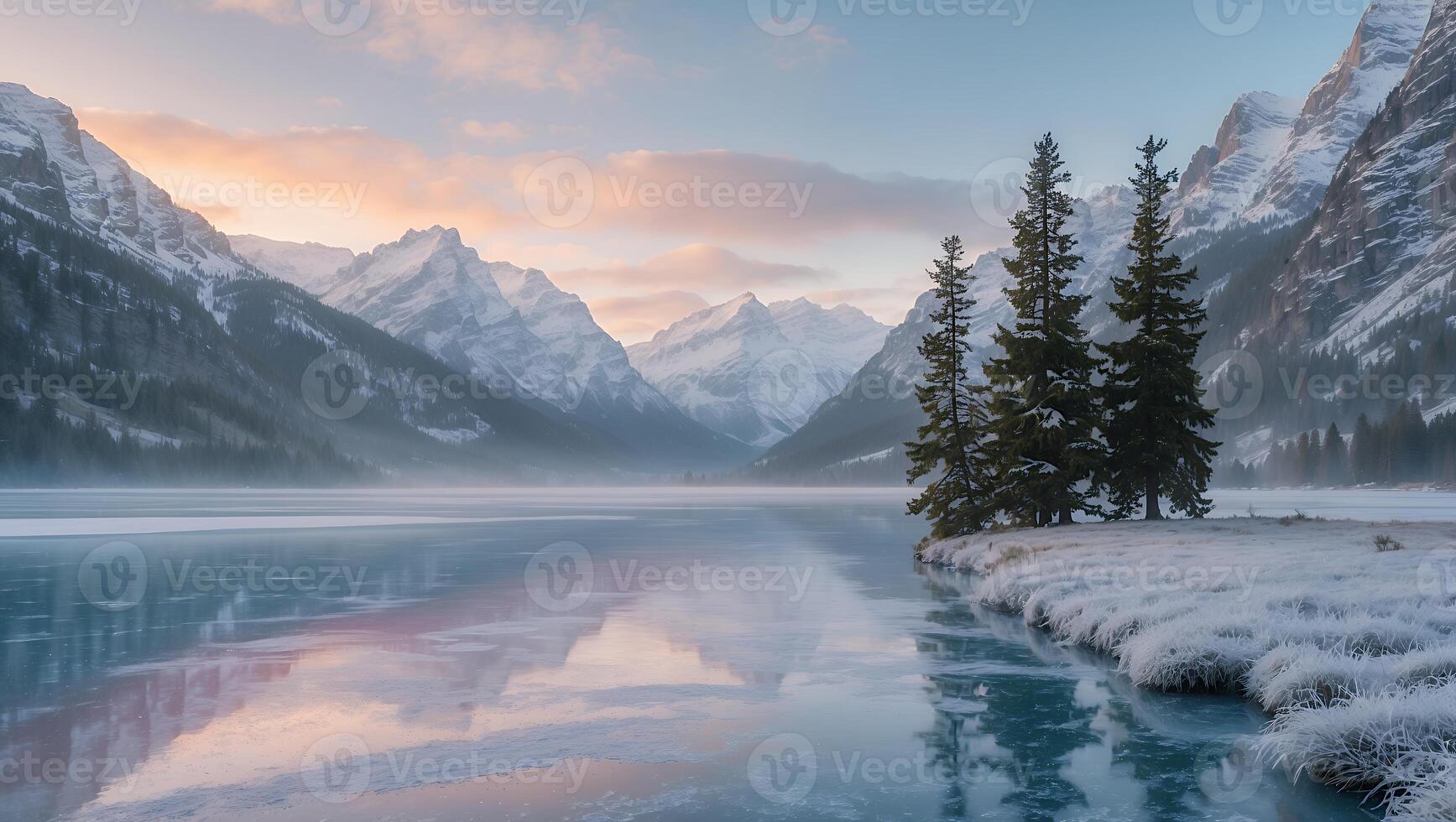 Icy Lake Reflecting Mountains and Sky with Snow Covered Trees photo