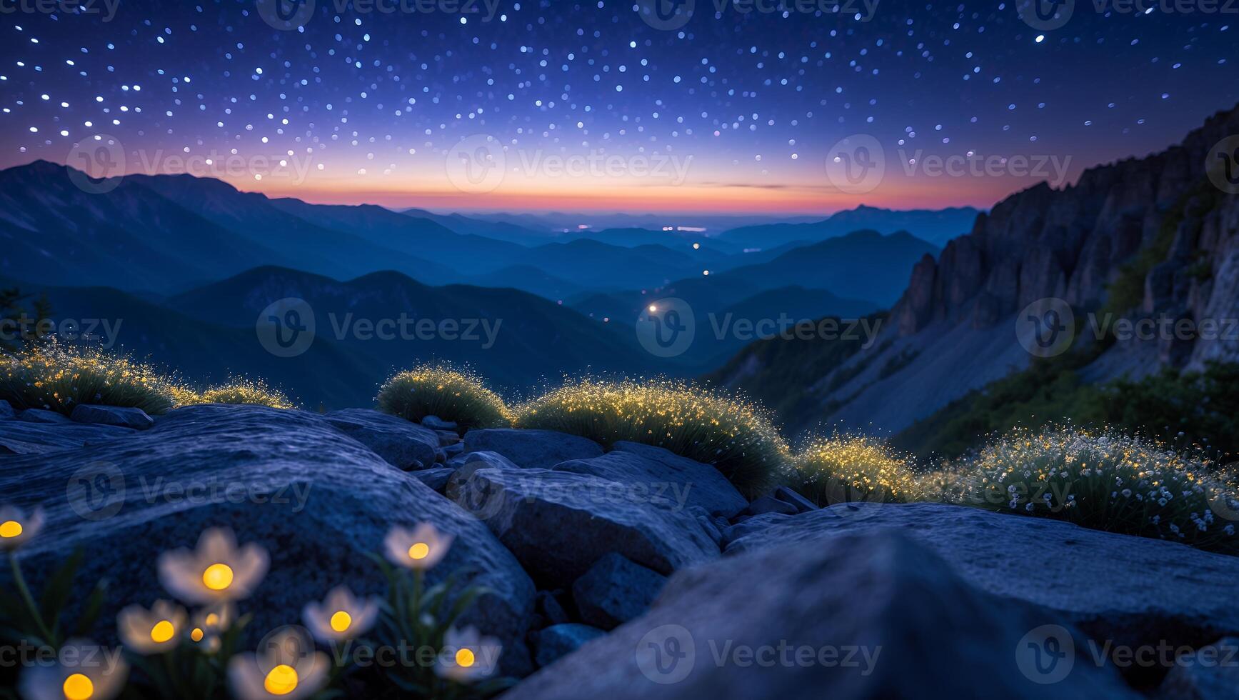 Night Sky Over Mountain Range with Glowing Flowers and Stone Terrain photo