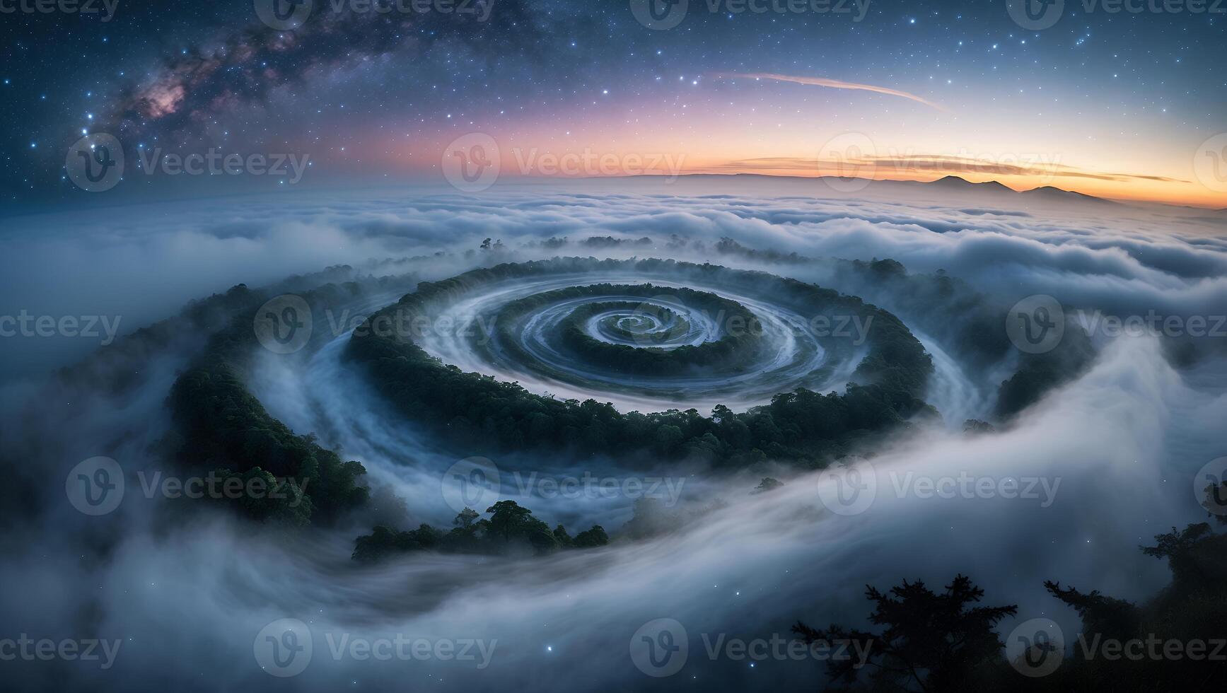 Spiral Forest Surrounded by Fog Under Starry Night Sky Landscape photo