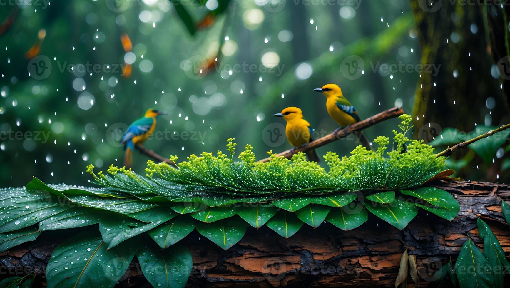Birds Perching on Branch with Lush Foliage in Gentle Rain photo
