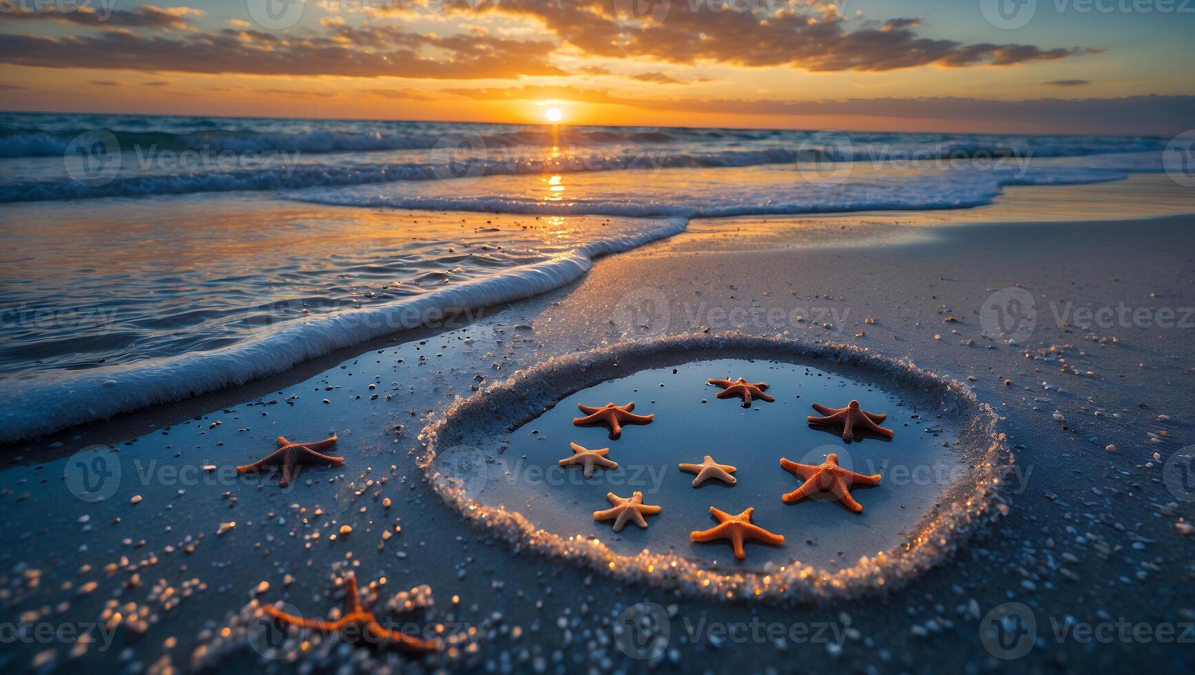 Starfish Resting on Beach at Sunset Calm Ocean Water photo