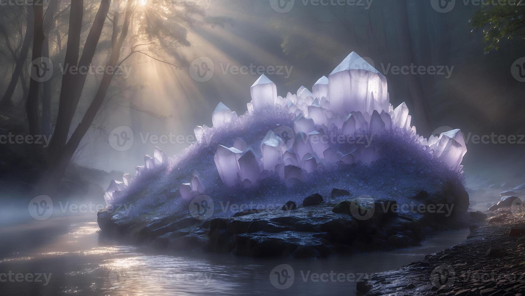 Glowing Crystals in Forest Stream with Sun Rays and Mist photo