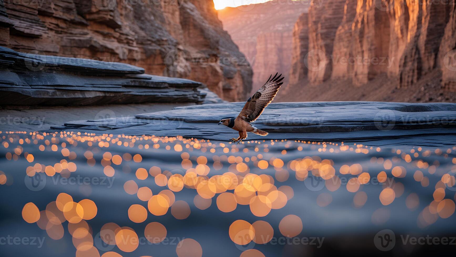 Hawk Landing Near Water with Sparkling Lights and Canyon Backdrop photo
