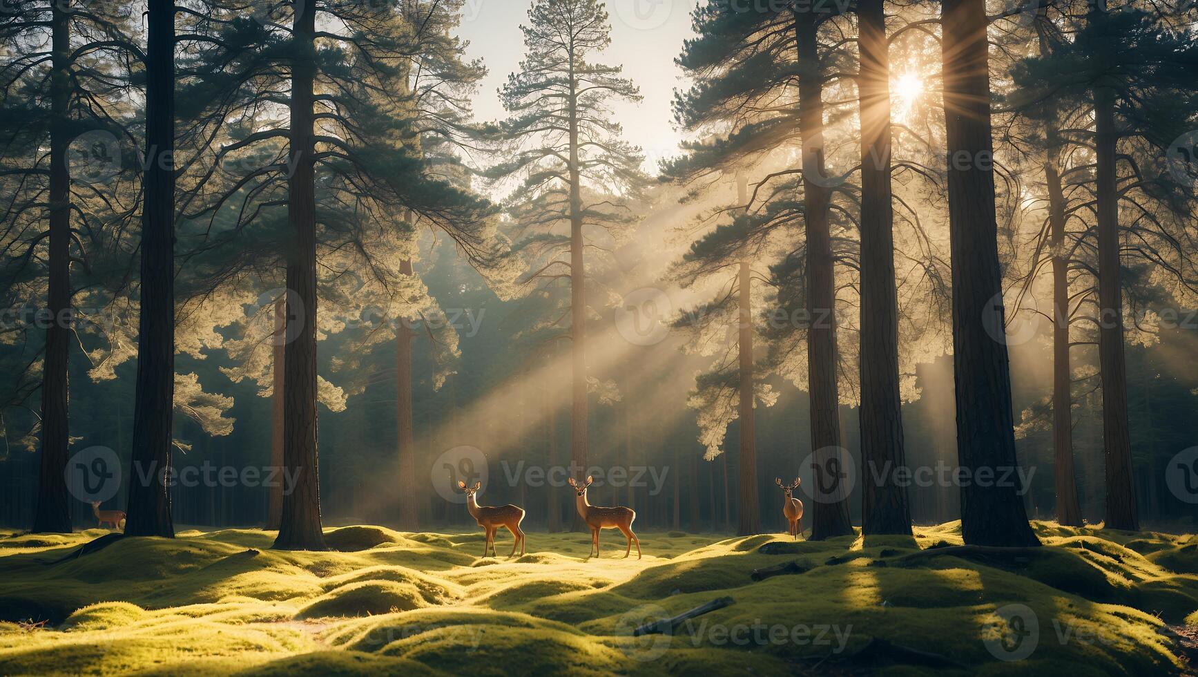 Deer Standing in Forest with Sunlight Streaming Through Trees photo