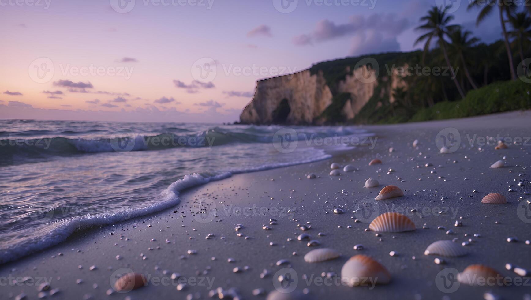 Seashells on Sandy Beach Meet Gentle Waves at Dawn Light photo