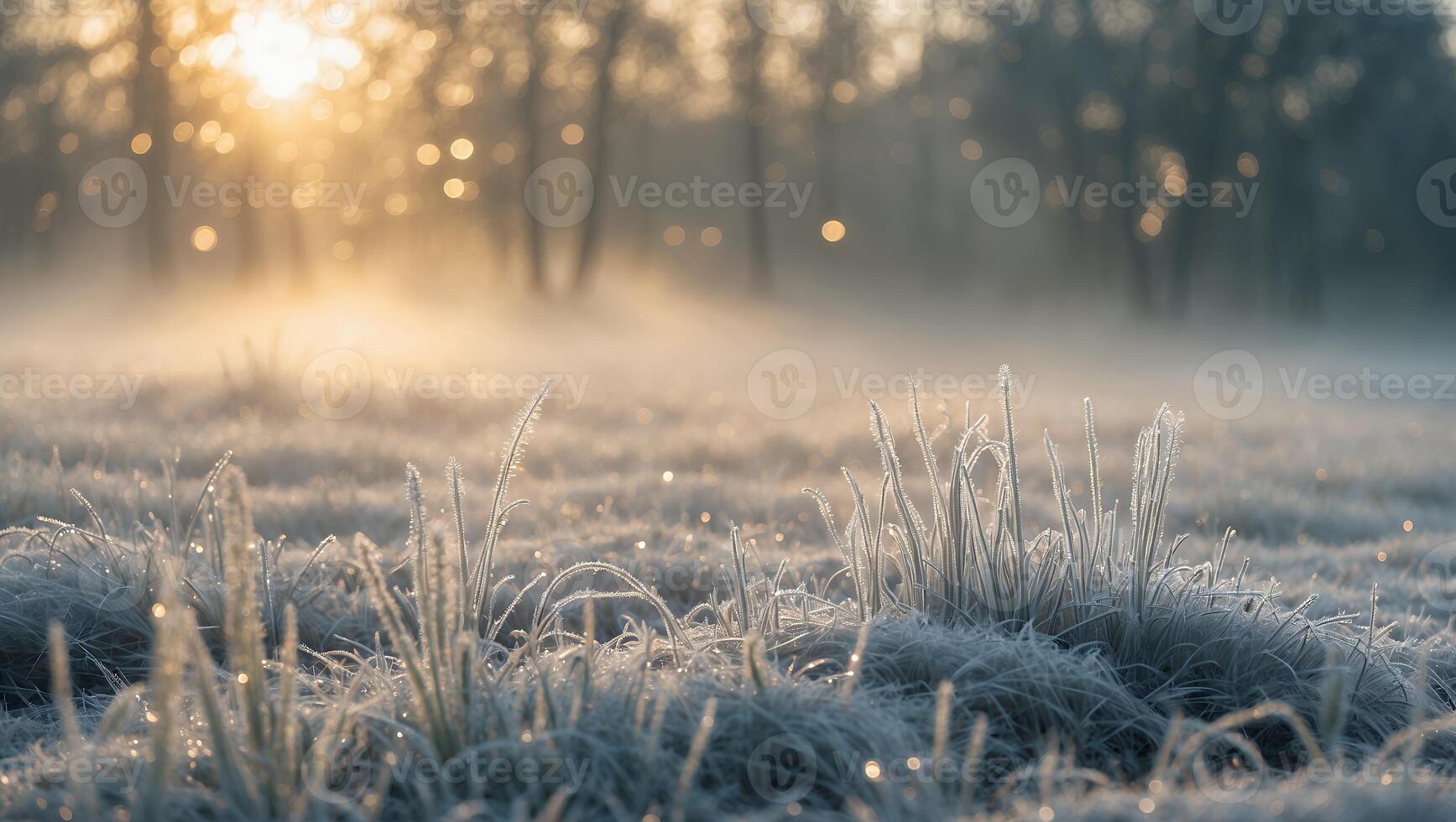 Frosted Grass Sparkling at Sunrise in a Tranquil Winter Scene photo