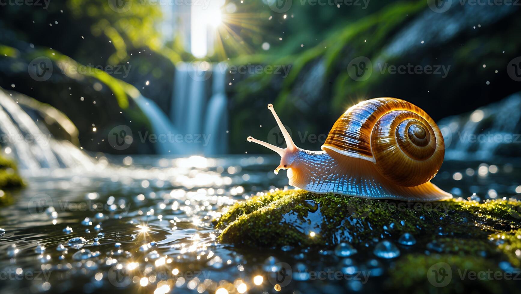 Snail Crawling on Moss by a Waterfall in Natural Setting photo