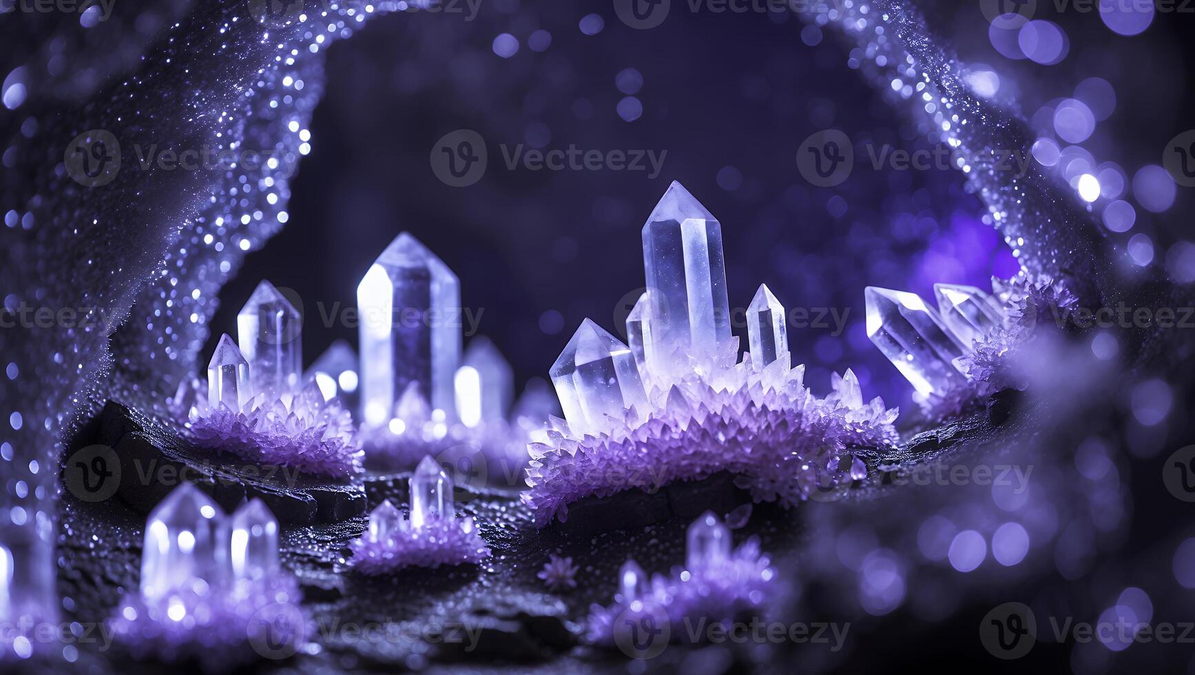 Glowing Crystal Formations in a Dark Cave with Magical Sparkles photo