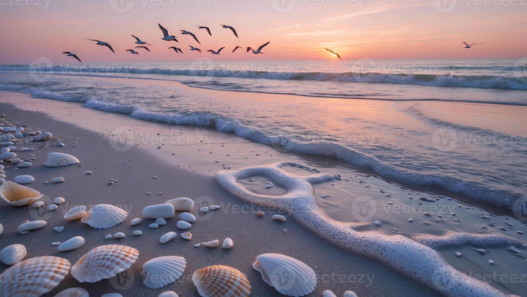 Seashore Scene with Shells and Flying Birds at Sunset photo