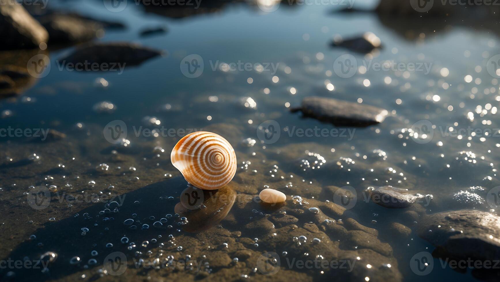Seashell Still Life in Water with Stones and Natural Light photo
