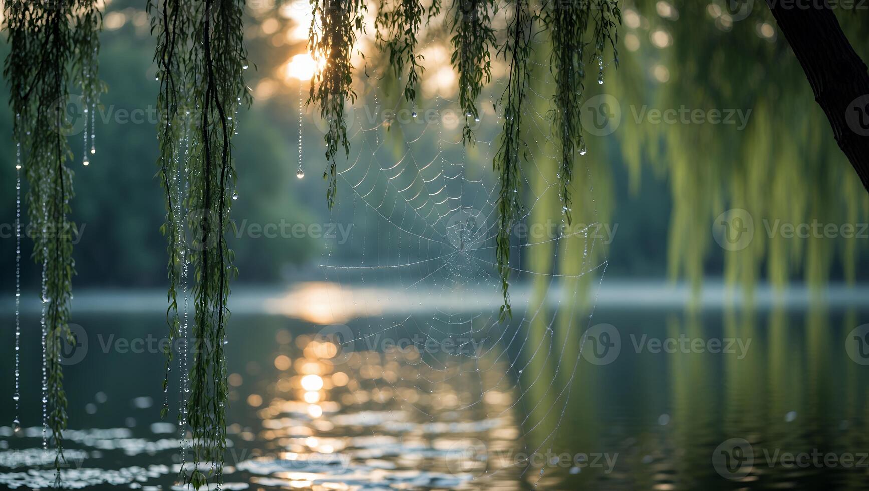 Spiderweb at Lake Reflecting Sunlight Through Willow Branches with Water Droplets photo