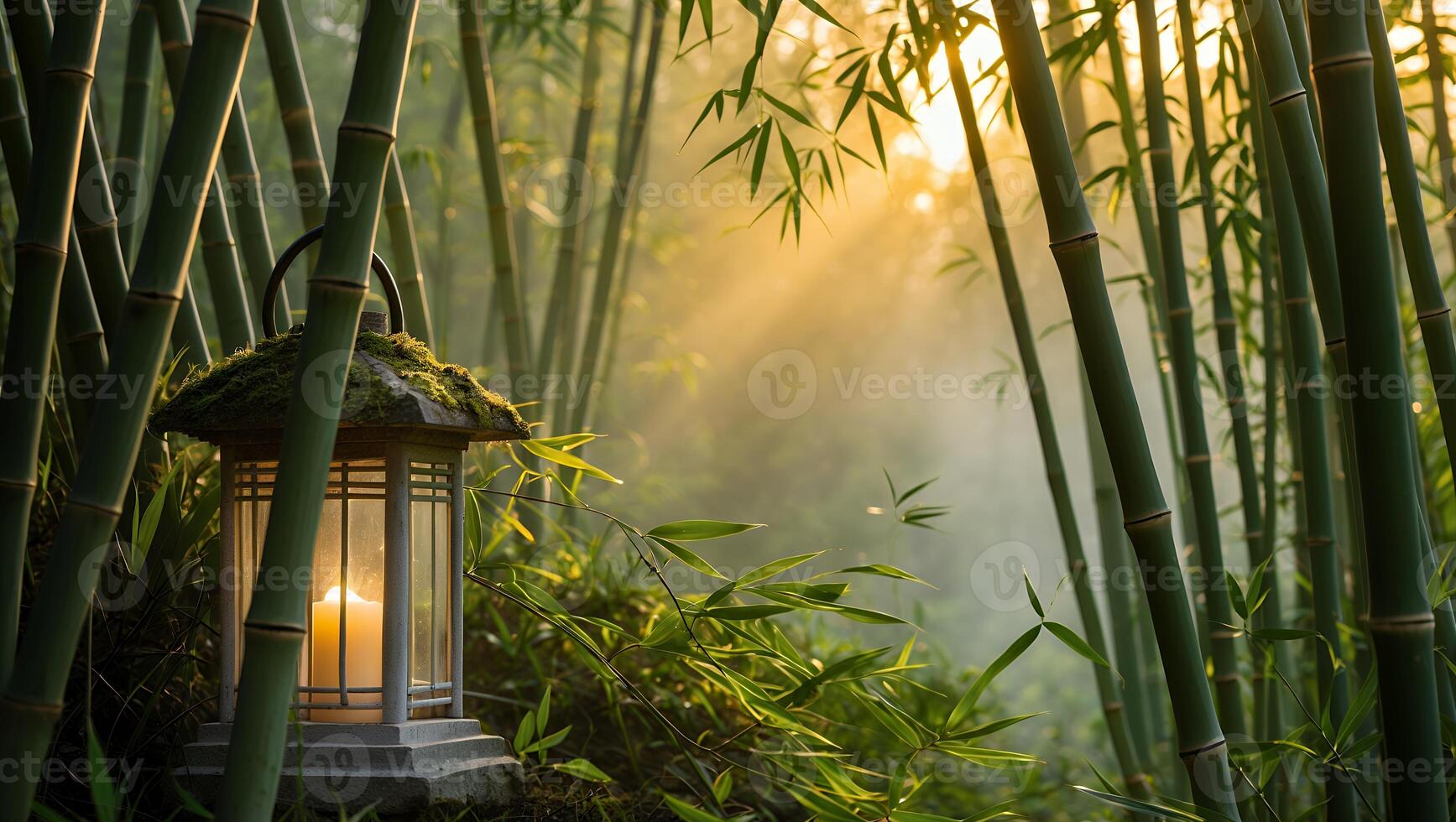 Lantern Glowing in Bamboo Forest with Sunlight Streaming Through Trees photo