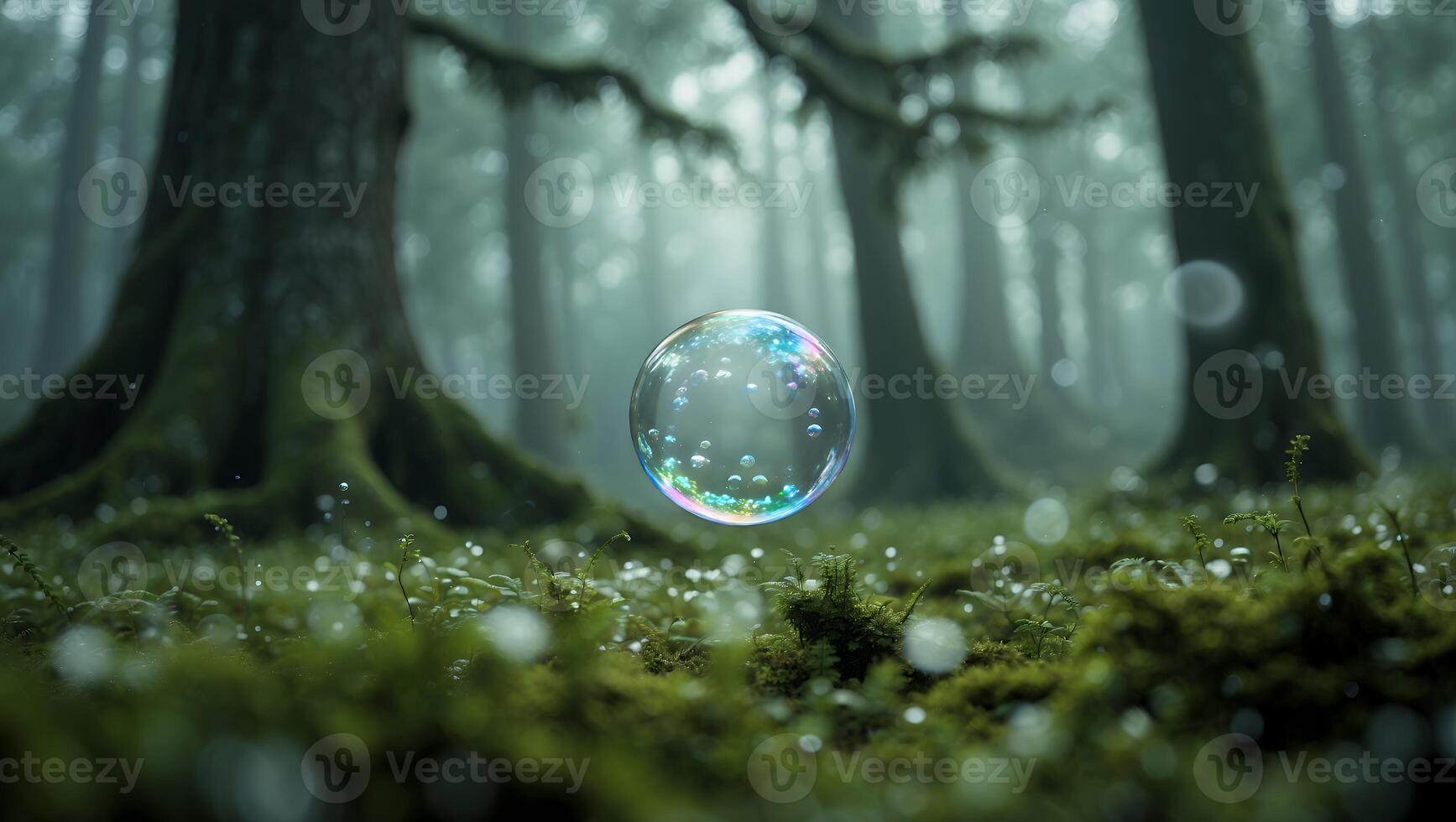 Floating Bubble in Forest with Lush Greenery and Mystical Fog photo
