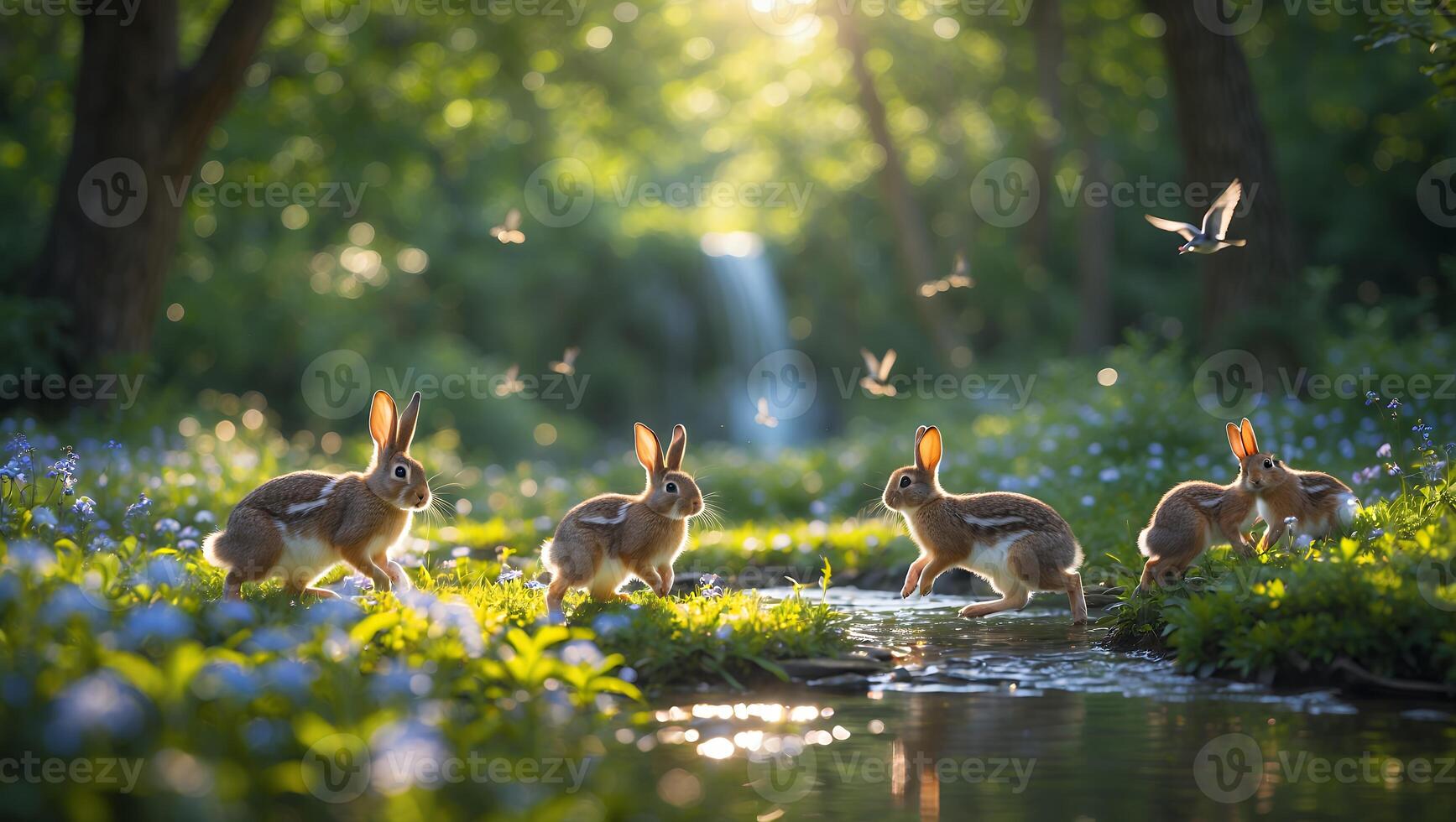 Rabbits Crossing Stream in Spring Forest with Birds Flying Overhead photo