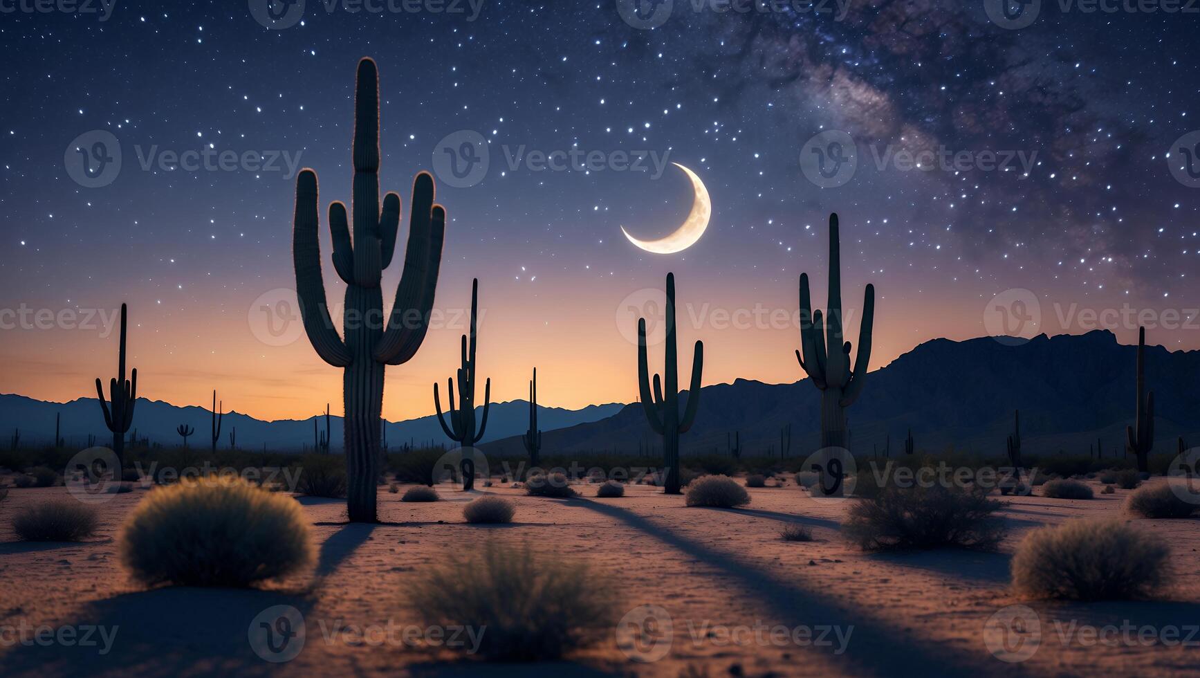 Desert Landscape with Cacti Under Starry Night Sky and Crescent Moon photo