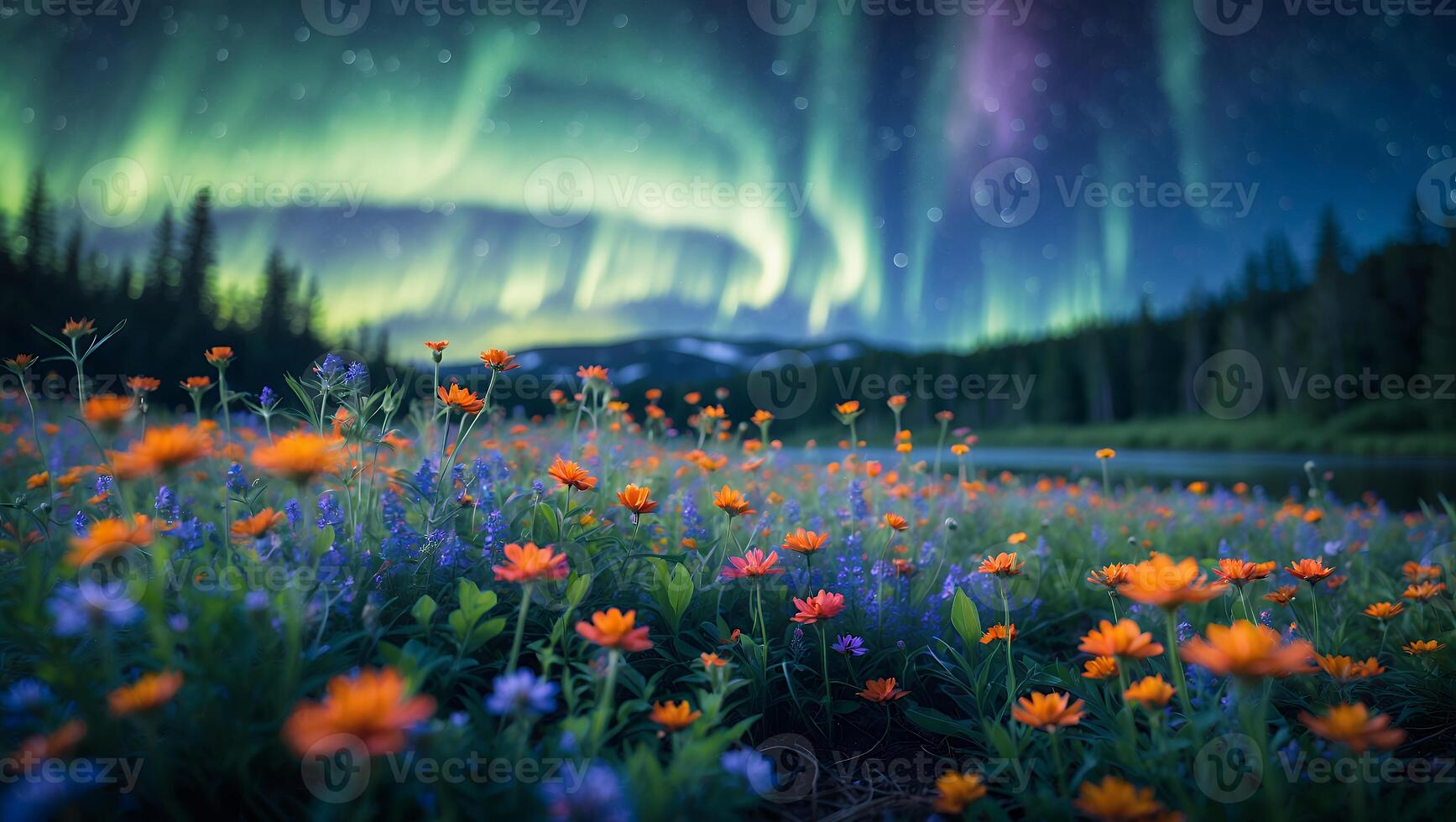 Wildflower Meadow Under the Aurora Borealis at Nighttime Scenic View photo