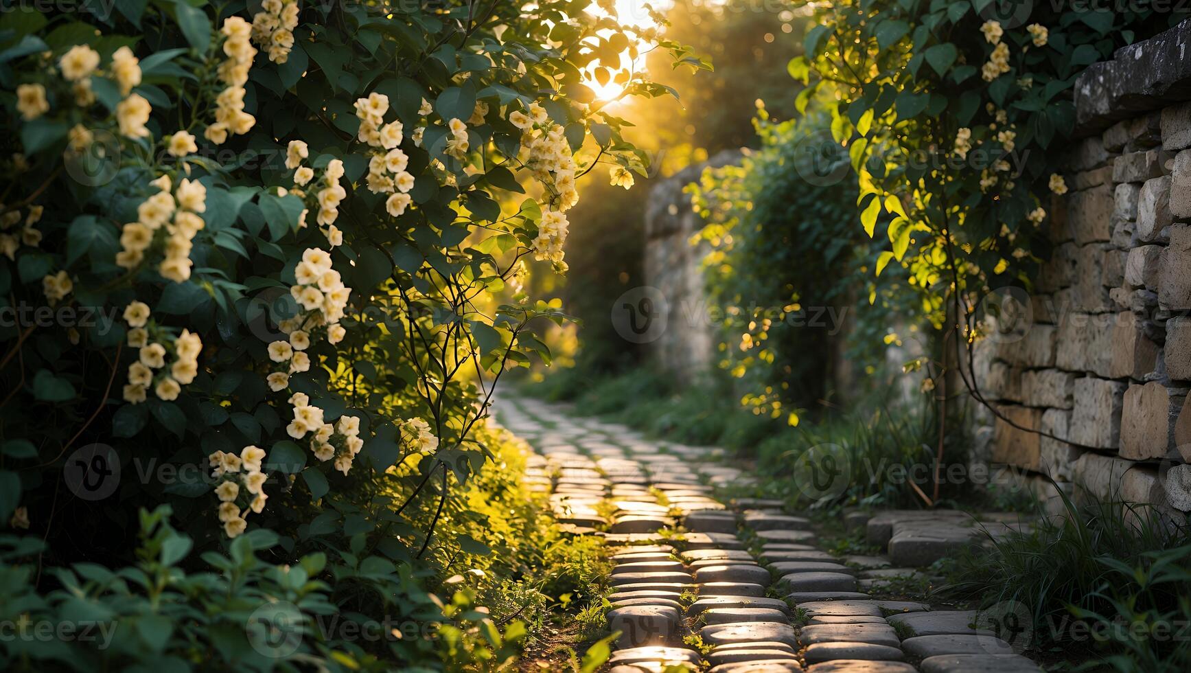 Walking Stone Path with Flowers and Sunlight in Garden Setting photo