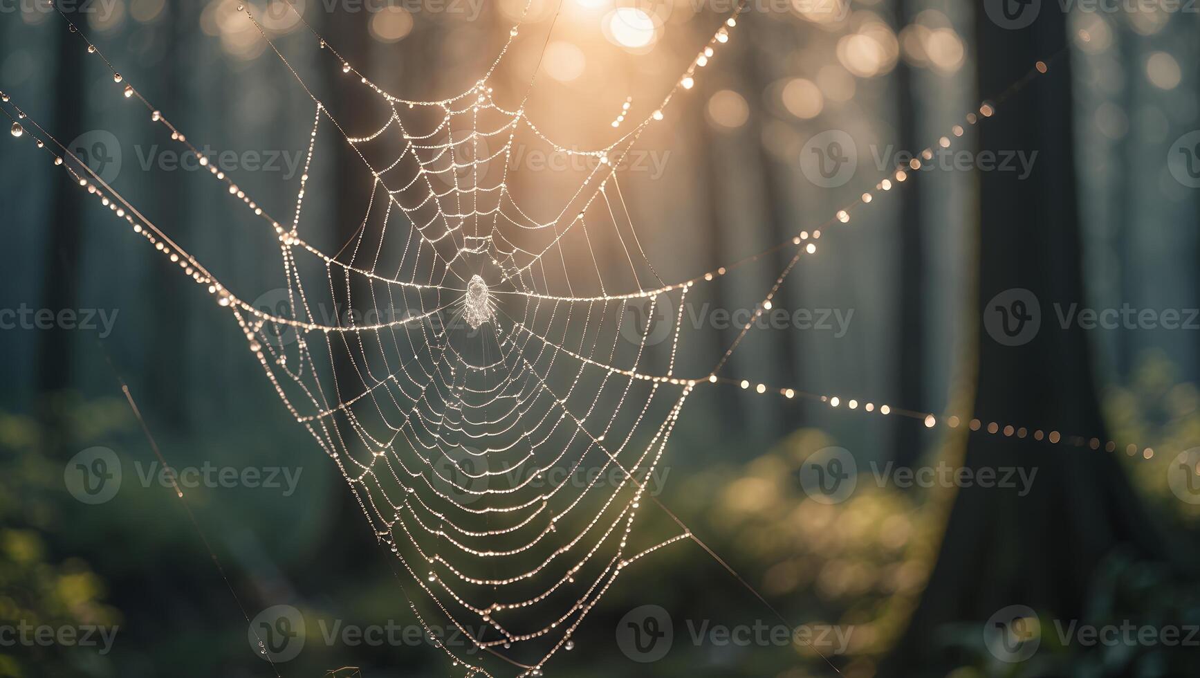 Spiderweb with Morning Dew in Forest Glade Shines in Sunlight photo