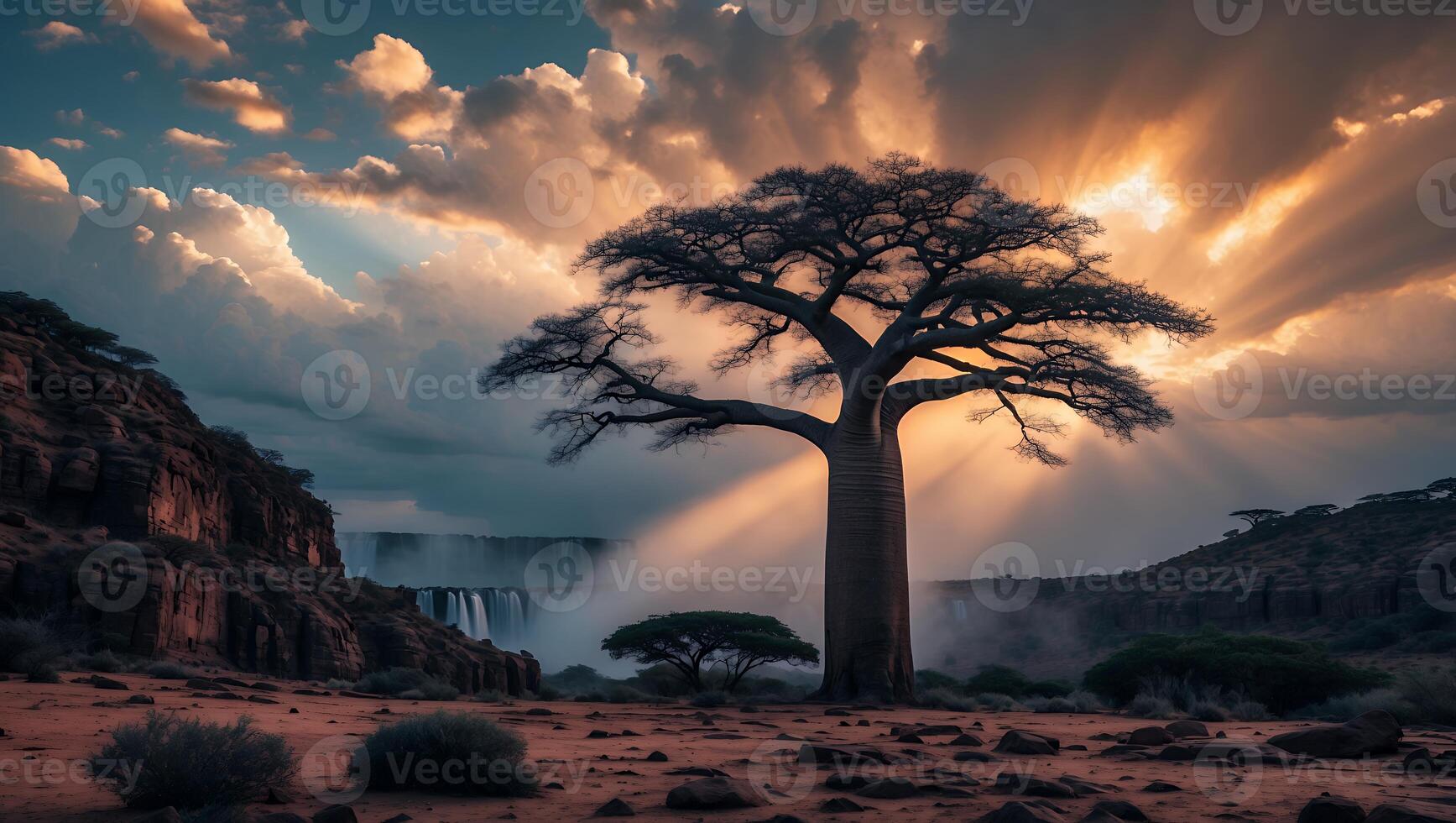 Majestic Baobab Tree at Sunset in African Landscape with Waterfall photo