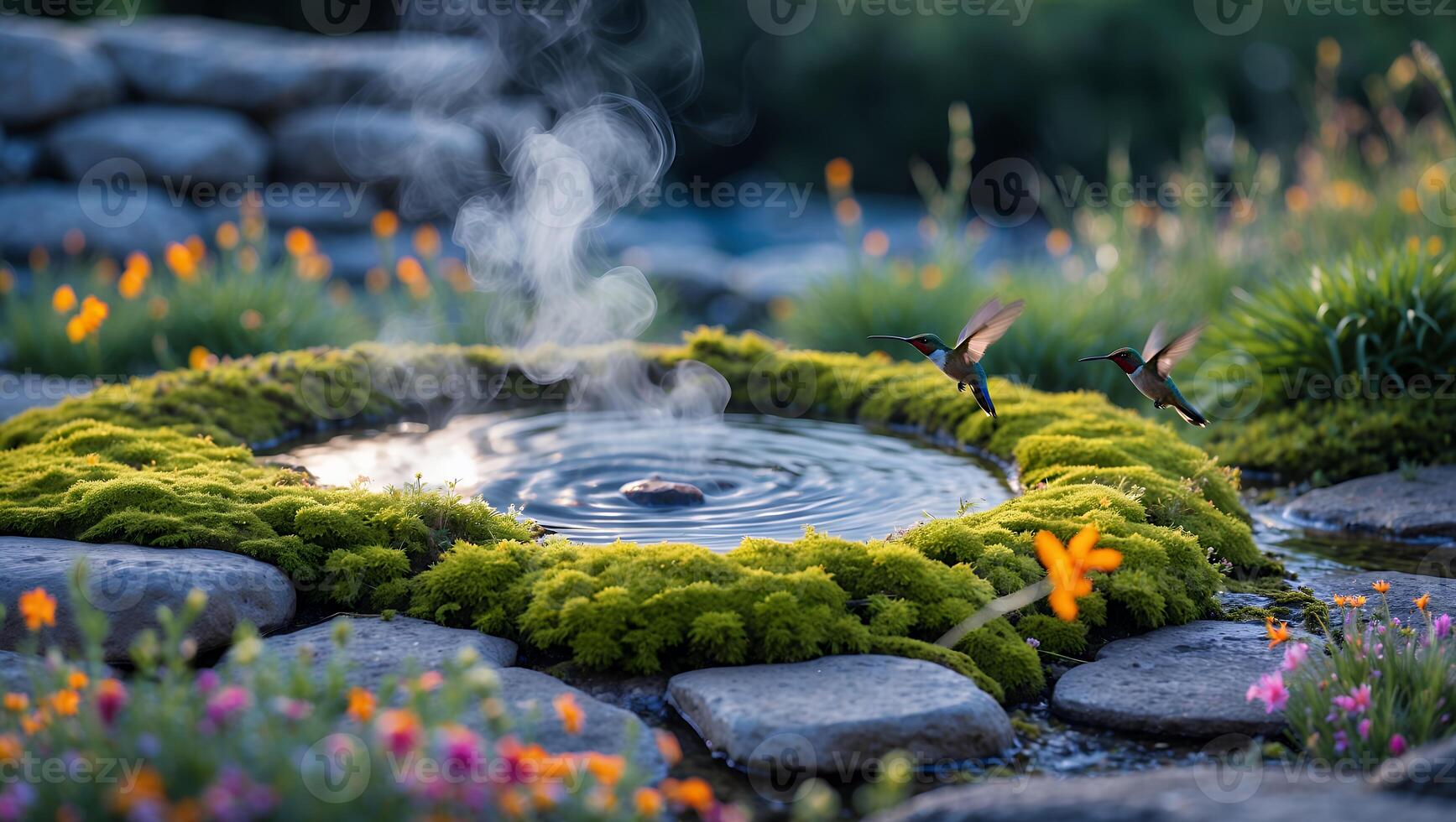Hummingbirds Hovering Near Steaming Pond Surrounded by Moss and Flowers photo