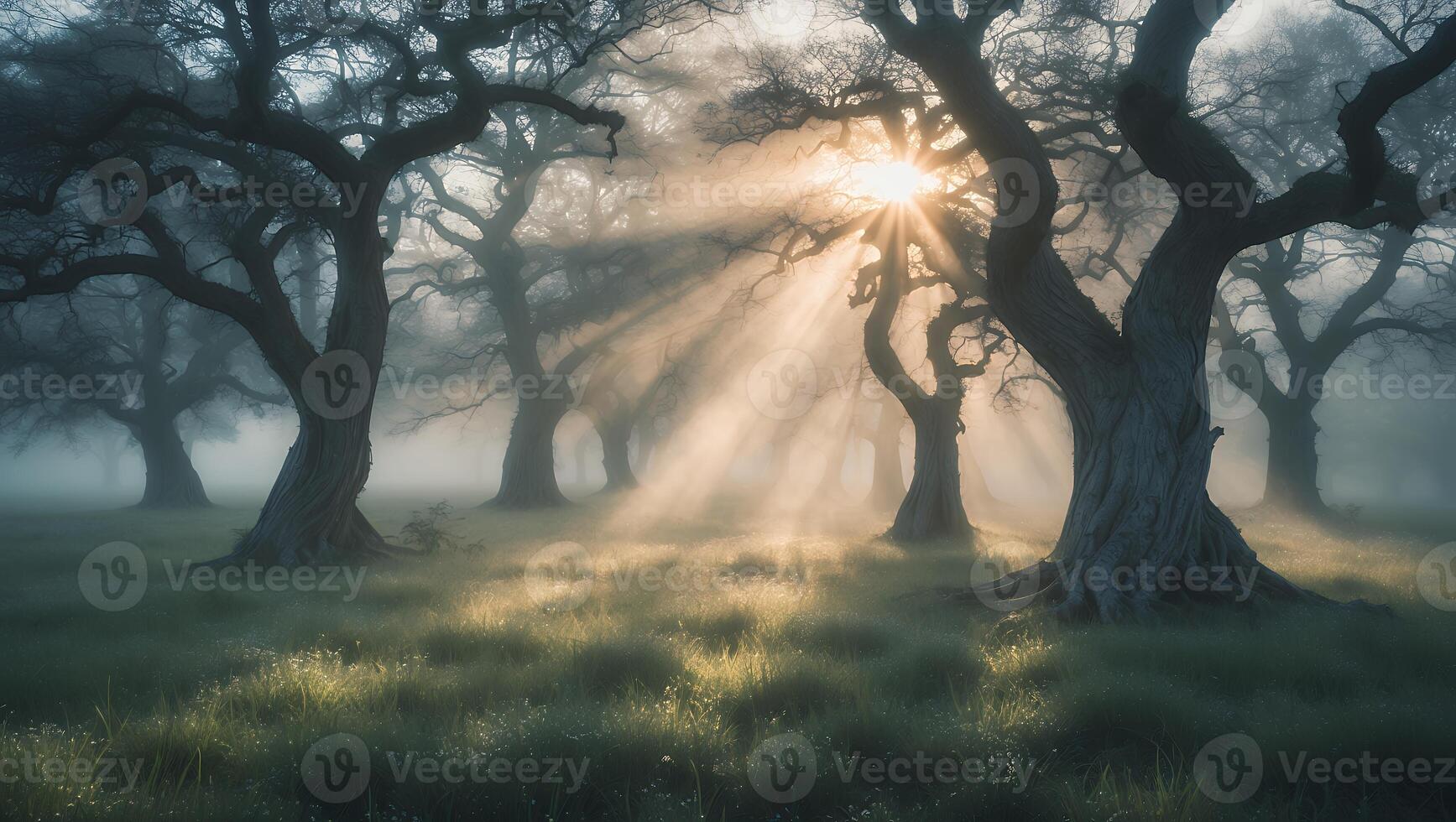 Sun Rays Shining Through Trees in Foggy Green Meadow Landscape photo