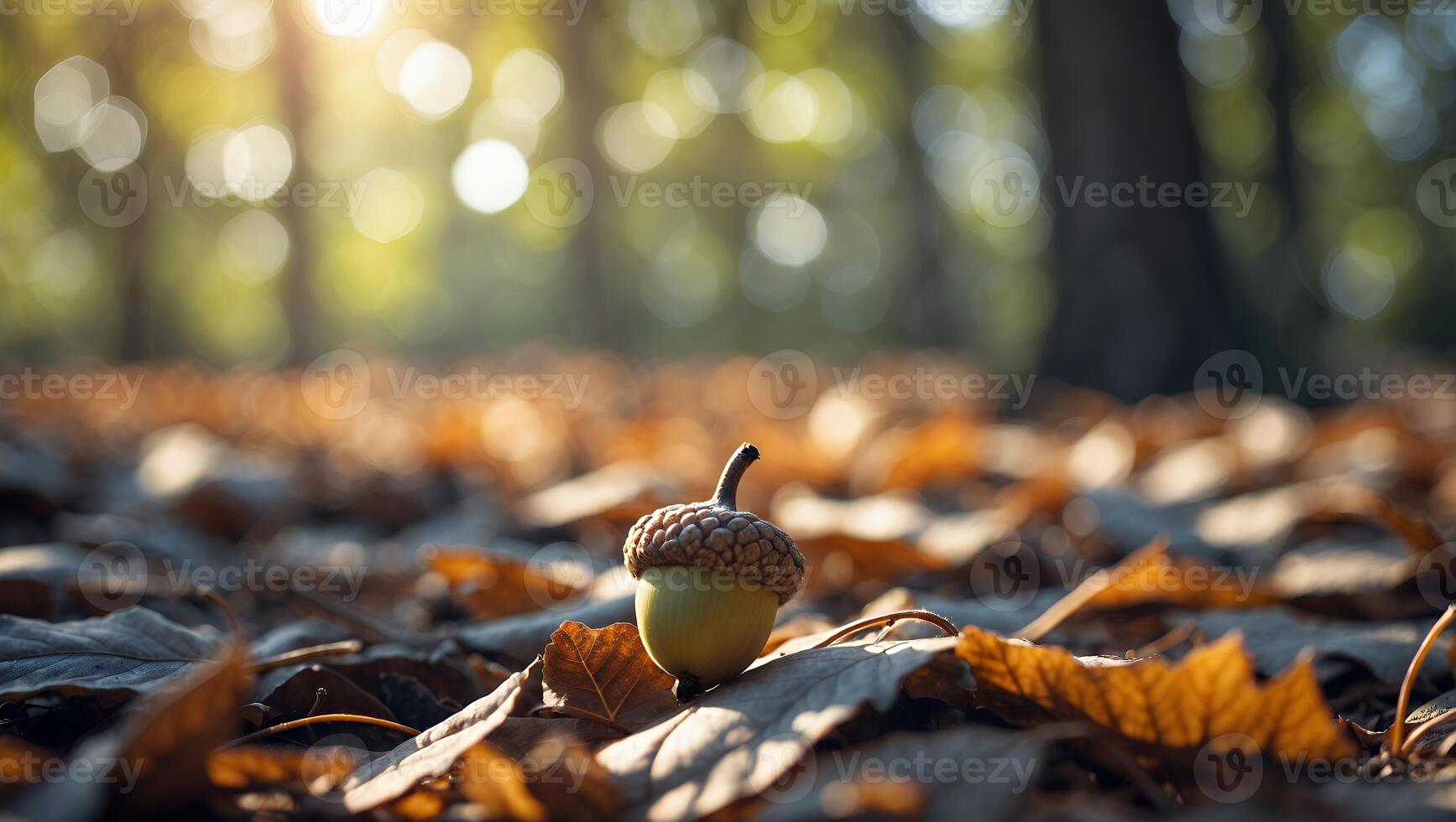 Acorn Sitting on Fallen Leaves in Forest with Sunlight photo