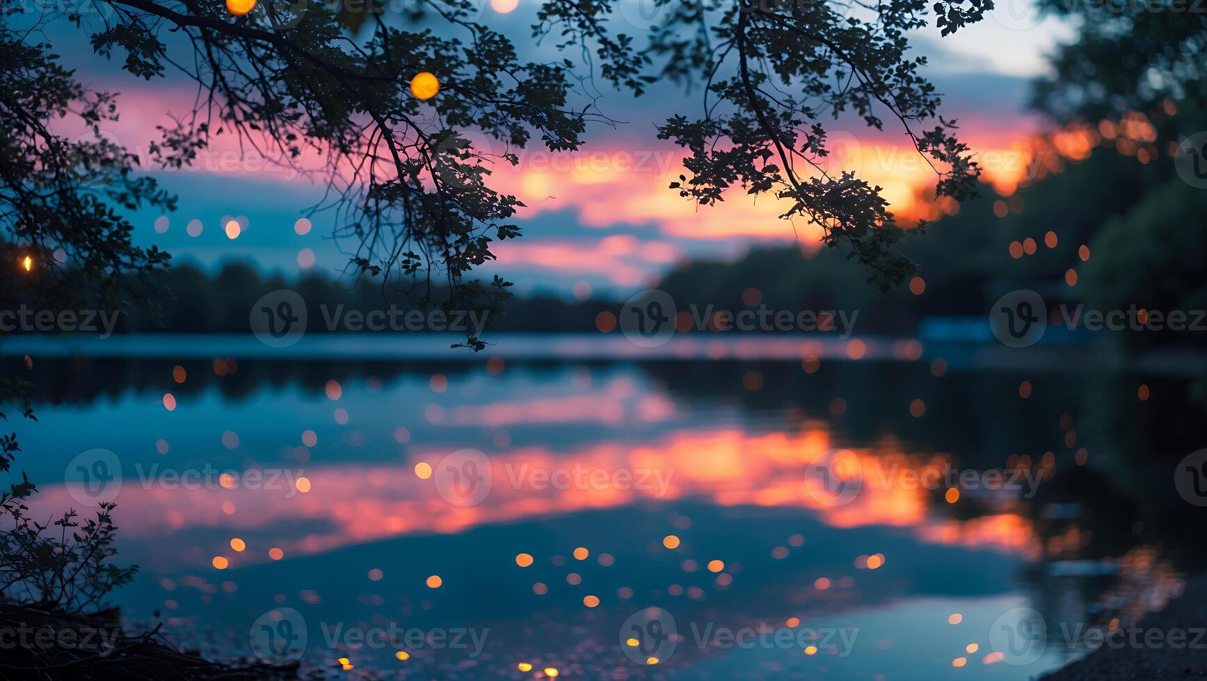 Lake Reflecting Sunset Sky with Tree Branches and Bokeh Lights photo