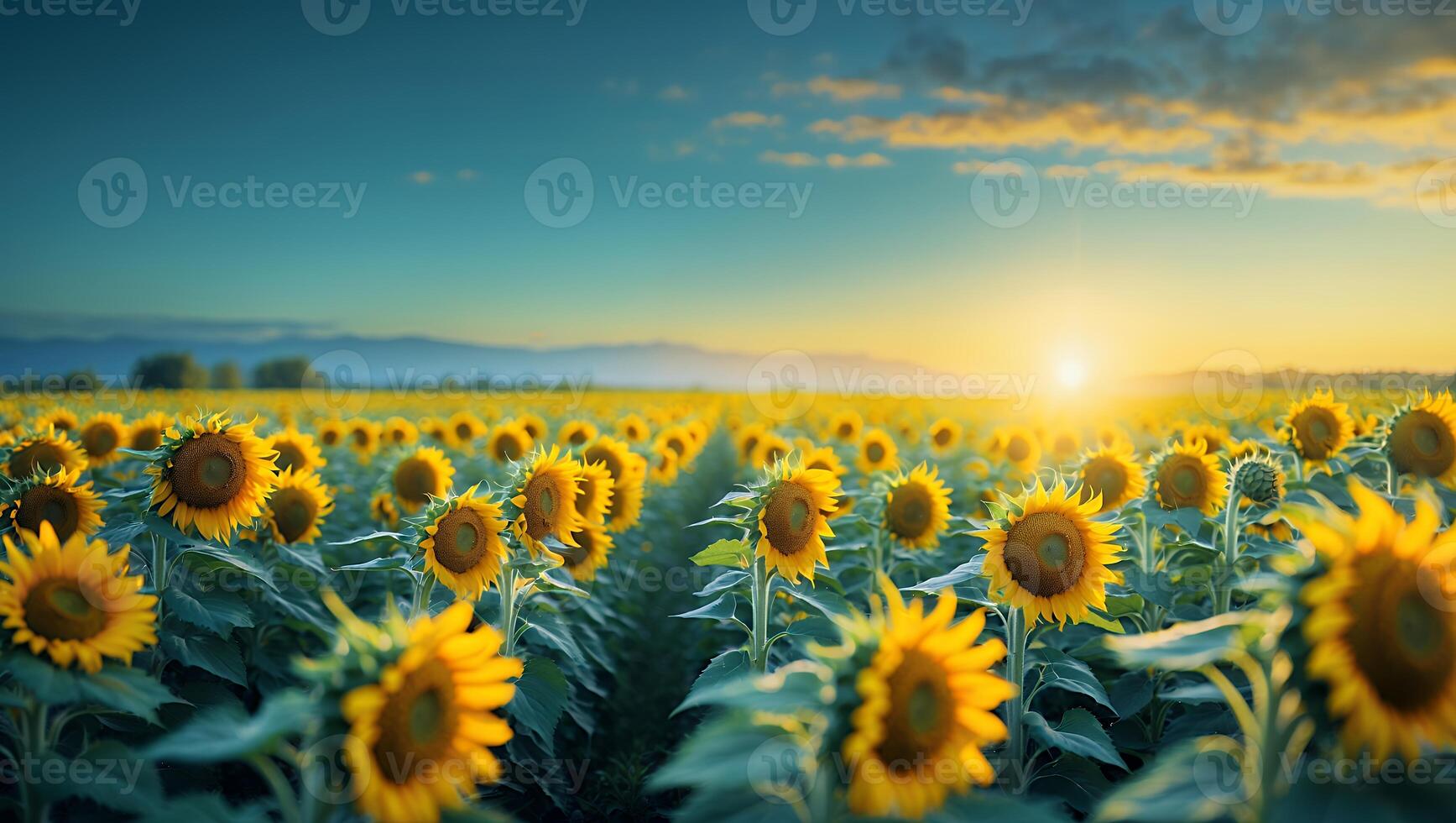 Sunflower Field at Sunset with Row Patterns and Bright Sun photo
