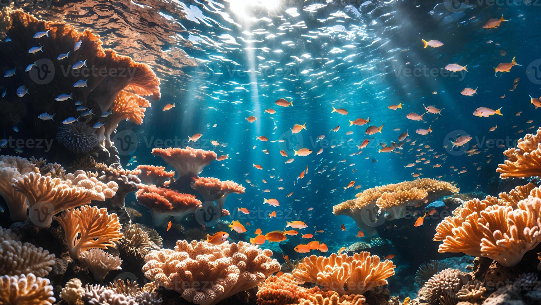 Exploring Underwater Coral Reef Ecosystem with Sun Rays and Swimming Fish photo