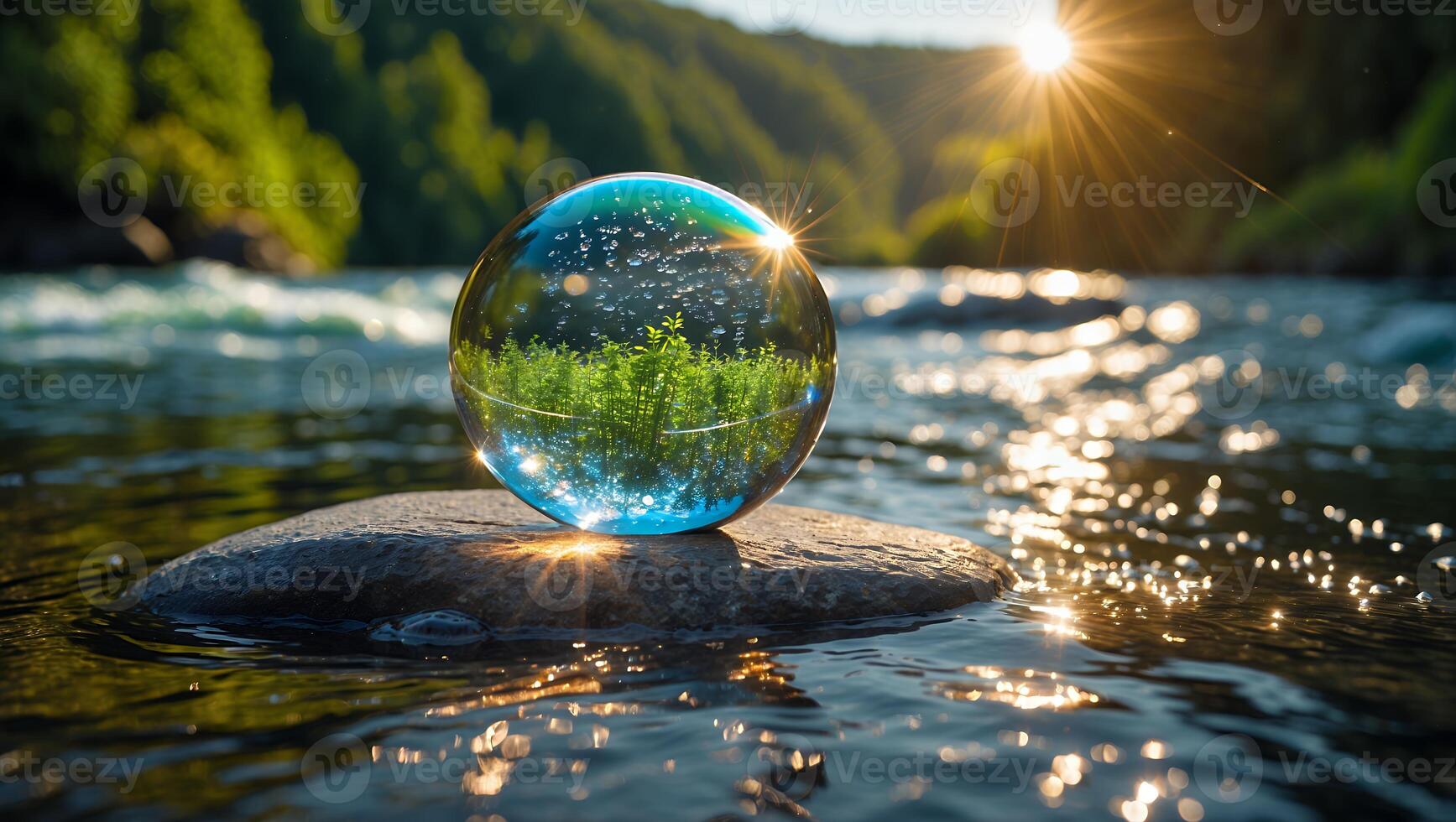 Crystal Ball Reflecting River Scenery on Stone at Sunset photo